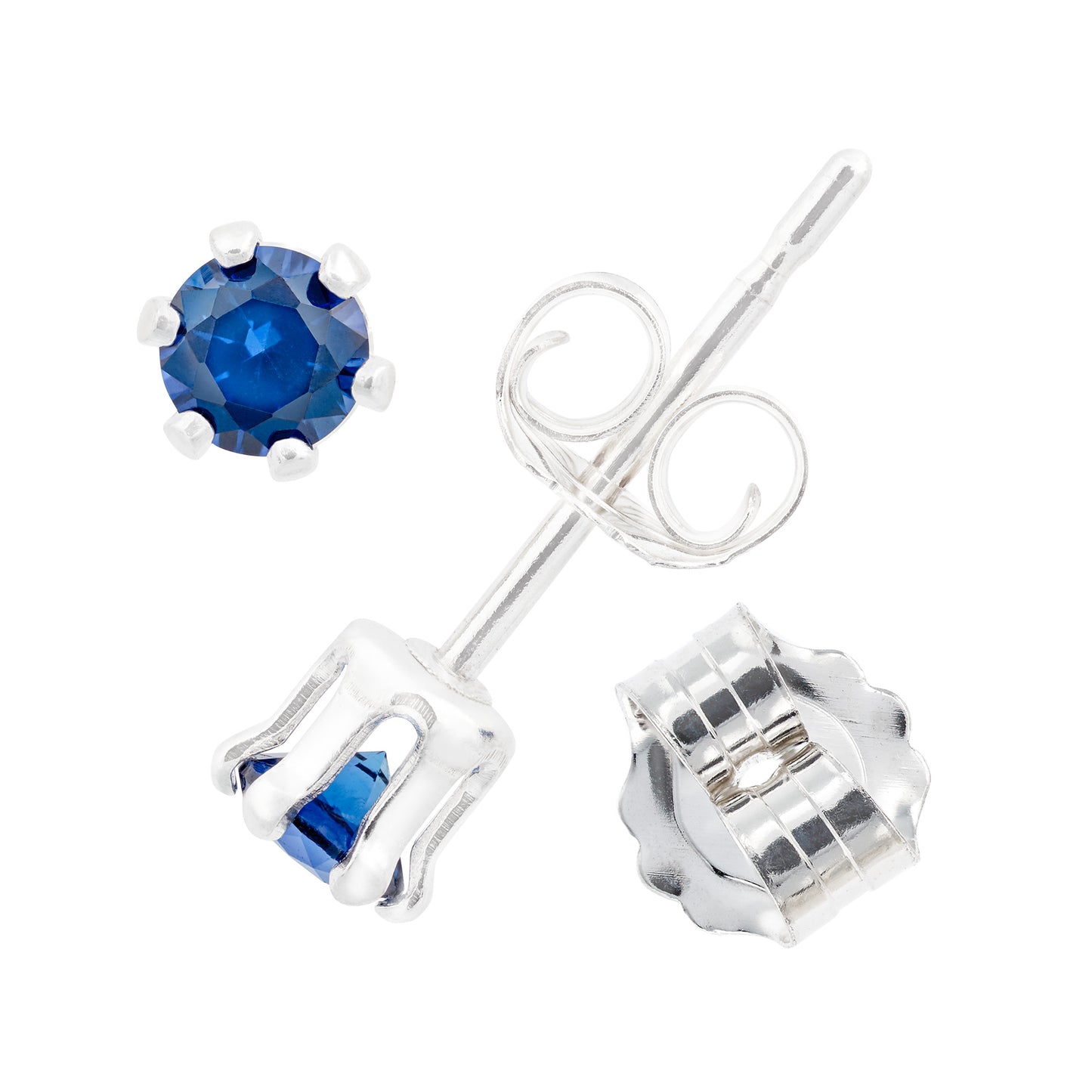 Velvety medium Blue Sapphire Earrings. 3mm round Chatham gemstones. 6-prong sterling silver studs.