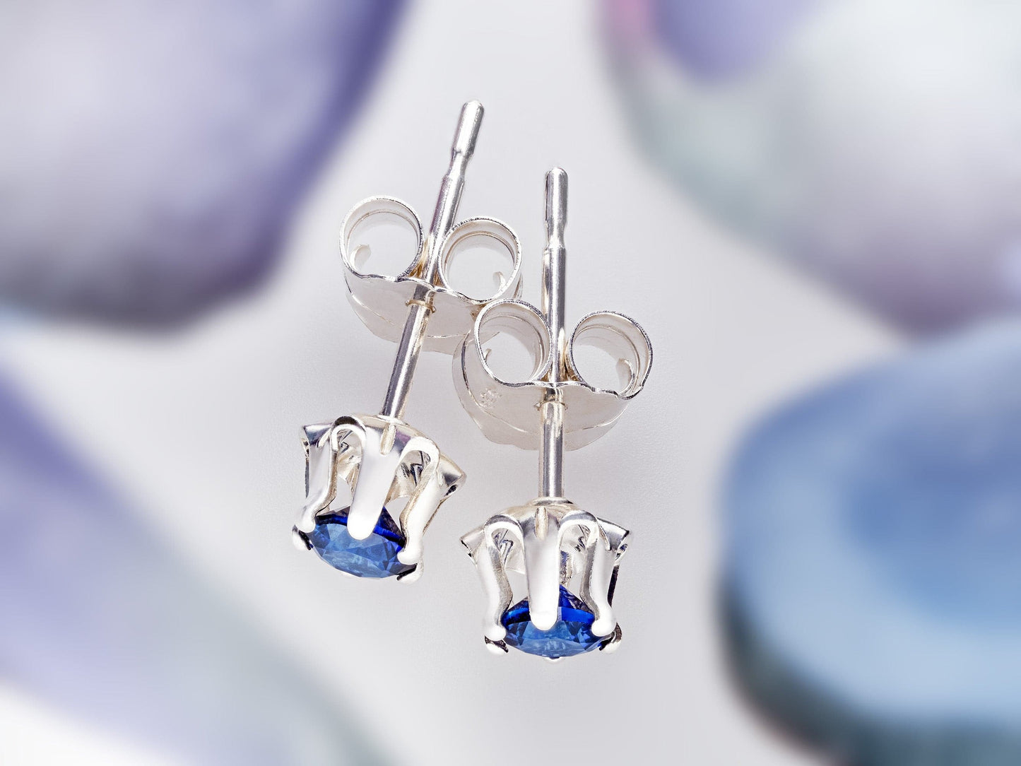 Beautiful Medium Dark Blue Sapphire Earrings. 3mm Round. Chatham Gemstones. Sterling Silver, 6-Prong Studs, Buttercup style.