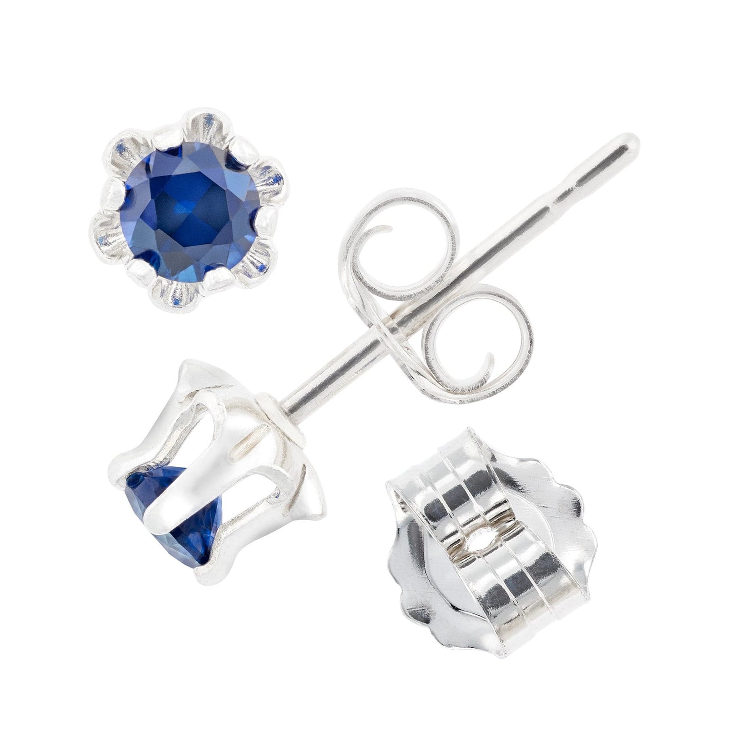 Beautiful Medium Dark Blue Sapphire Earrings. 3mm Round. Chatham Gemstones. Sterling Silver, 6-Prong Studs, Buttercup style.