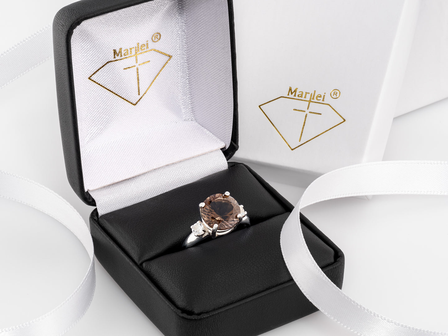 Concave Cut Smoky Quartz Ring. 10mm round, rich brown. Cut to perfection, Grade AAA. 2 x 3mm White Topaz Accents. Premium Silver.