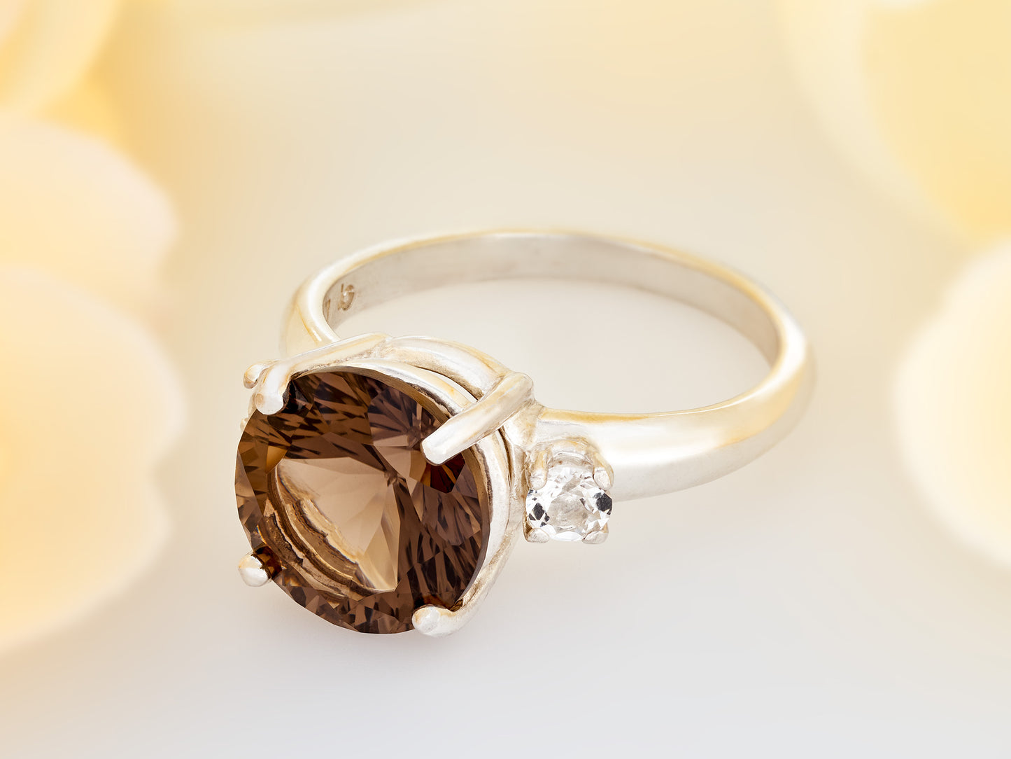 Concave Cut Smoky Quartz Ring. 10mm round, rich brown. Cut to perfection, Grade AAA. 2 x 3mm White Topaz Accents. Premium Silver.