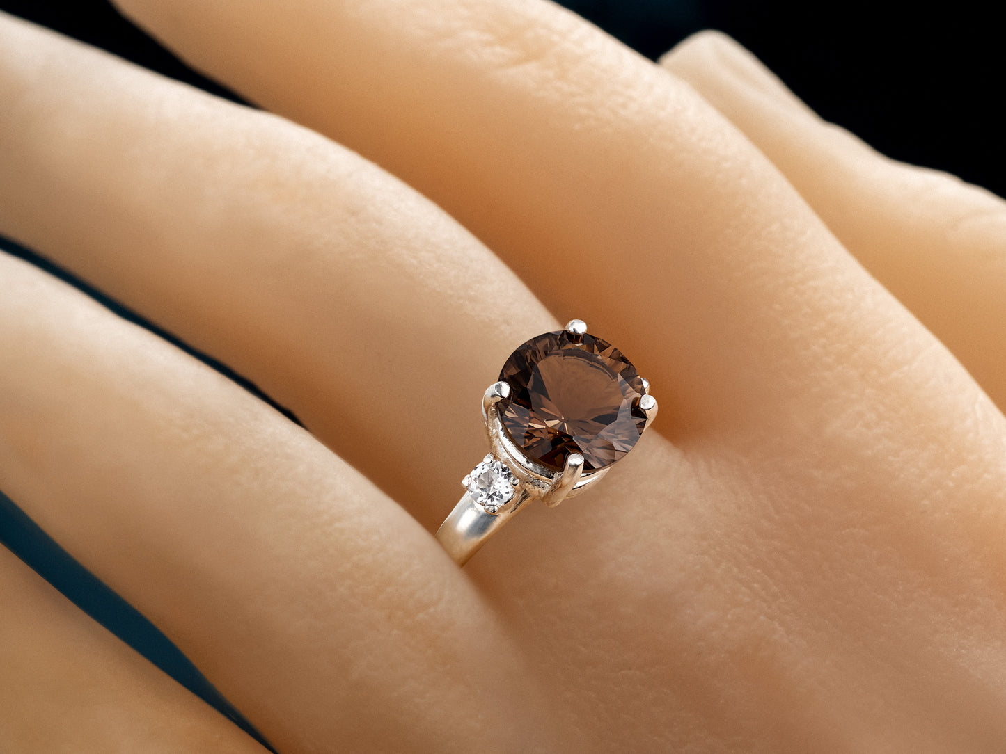 Concave Cut Smoky Quartz Ring. 10mm round, rich brown. Cut to perfection, Grade AAA. 2 x 3mm White Topaz Accents. Premium Silver.