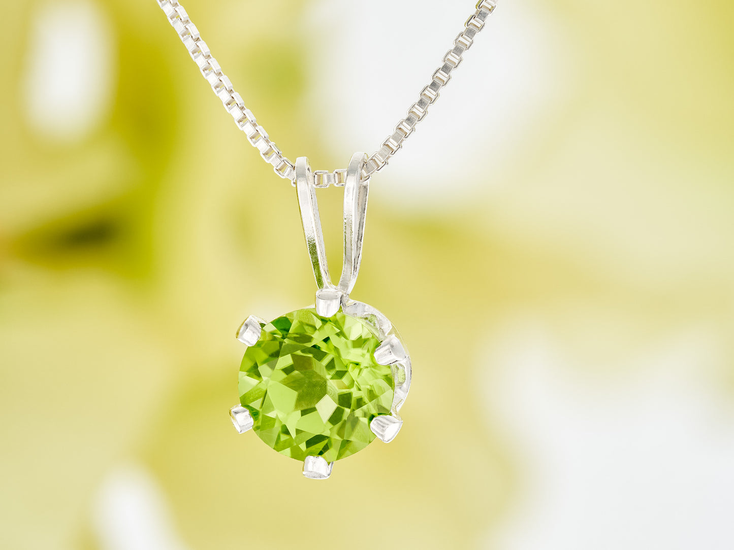 Vivid Green Natural Peridot! 6mm Round Faceted. Sterling silver pendant necklace from Brazil.