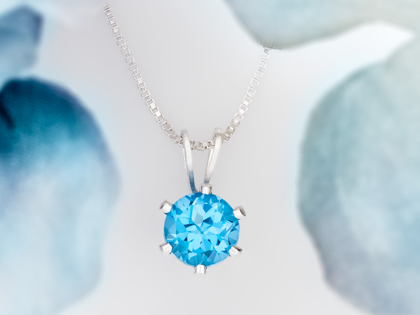 Vivid Swiss Blue Topaz Necklace. Round, 6mm, Natural Brazilian Gemstone in a 6-Prong, Sterling Silver Pendant. Great clarity and sparkle!