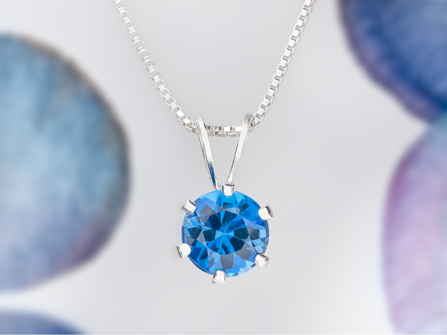 Intense London Blue Topaz Necklace. Round, 6mm, Natural Brazilian Gemstone in a 6-Prong, Sterling Silver Pendant.