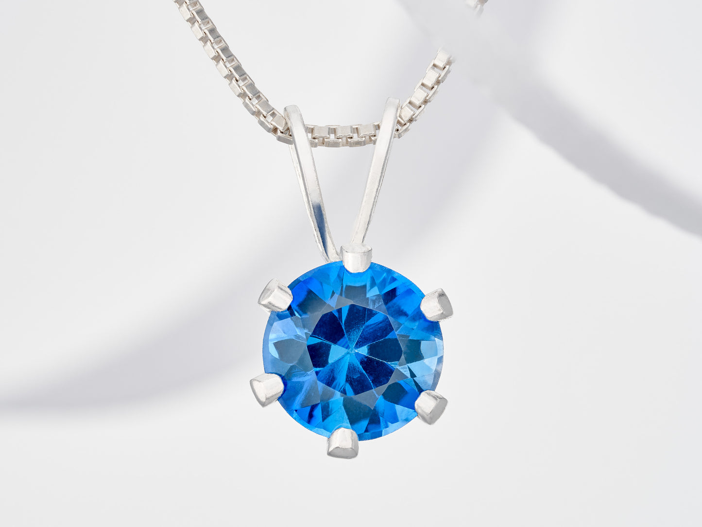 Intense London Blue Topaz Necklace. Round, 6mm, Natural Brazilian Gemstone in a 6-Prong, Sterling Silver Pendant.