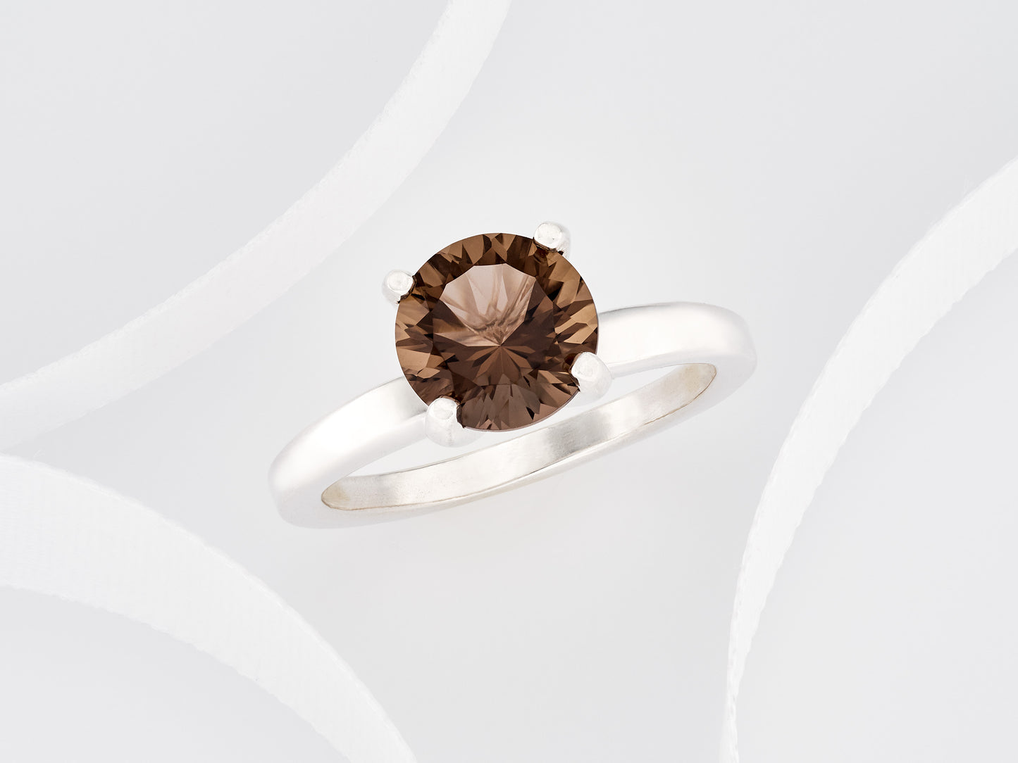 Special Cut Natural Smoky Quartz Ring. 8mm round concave cut, rich brown. Authentic, cut to perfection, Grade AAA. Premium Silver solitaire