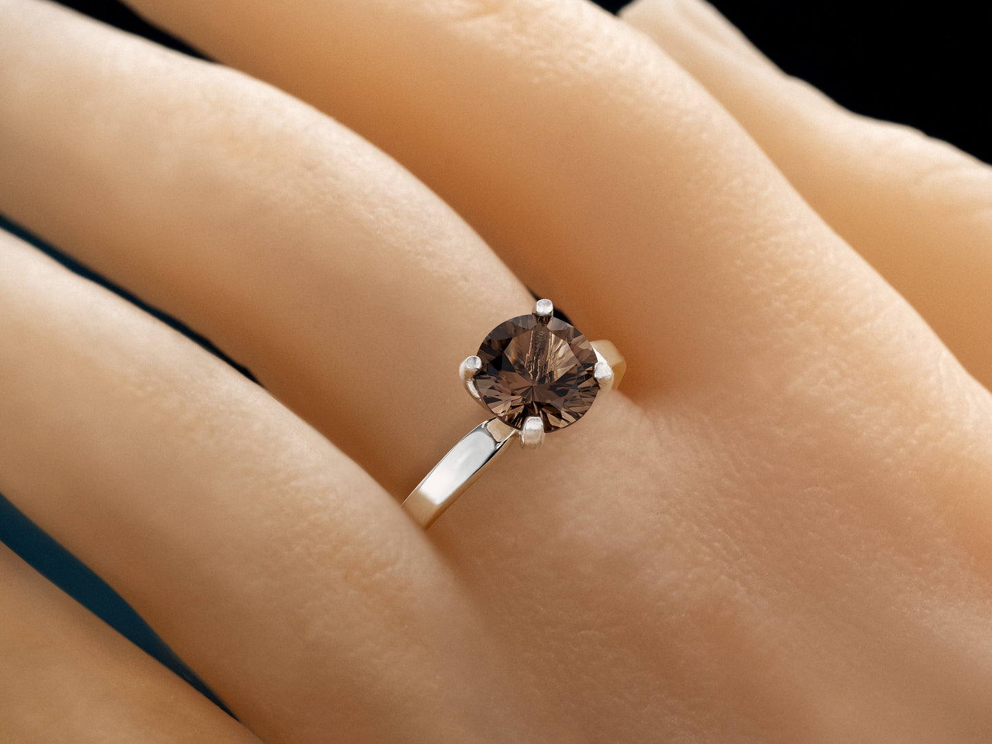 Special Cut Natural Smoky Quartz Ring. 8mm round concave cut, rich brown. Authentic, cut to perfection, Grade AAA. Premium Silver solitaire