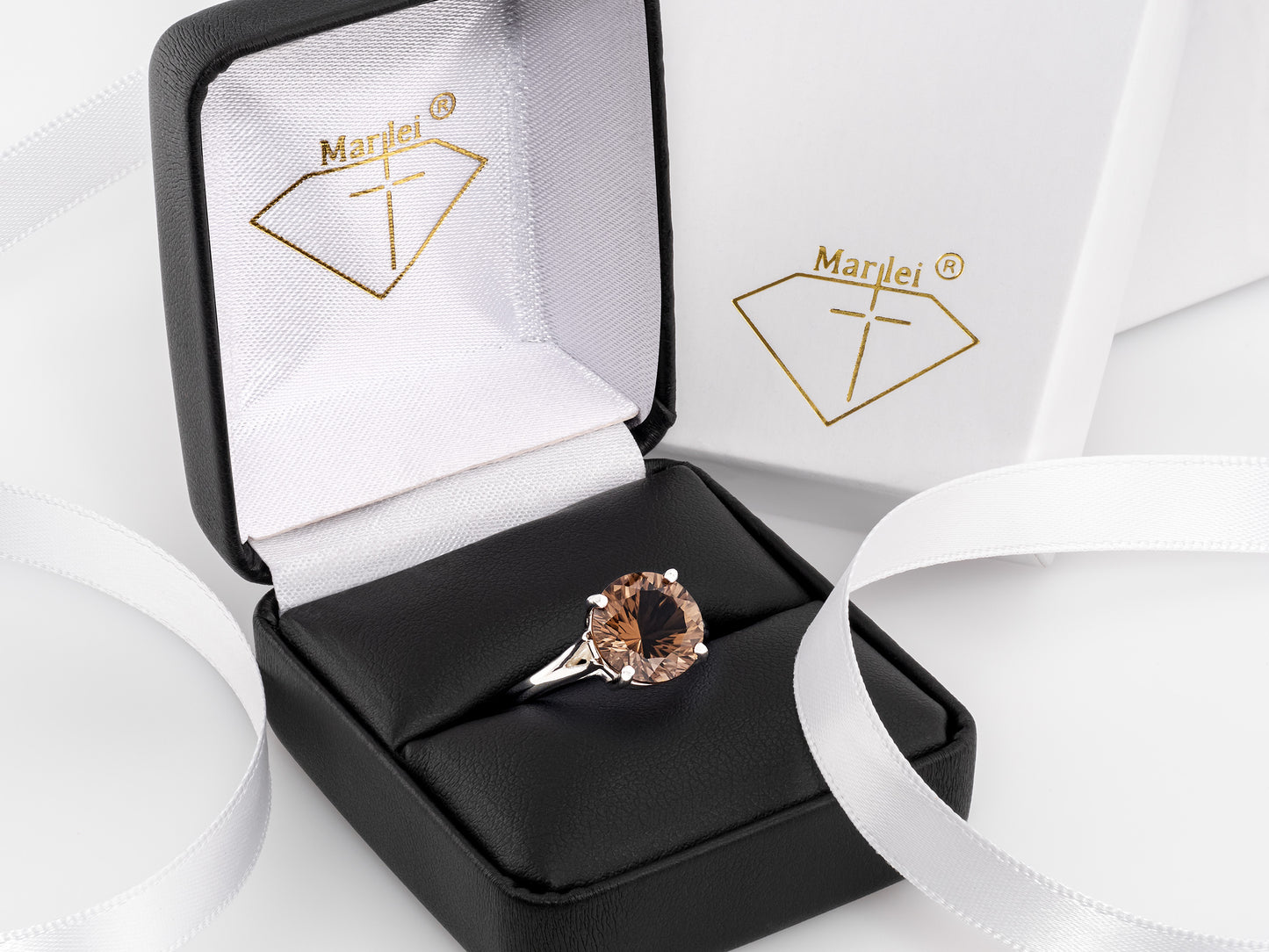 Concave cut Smoky Quartz gemstone solitaire premium silver ring from Brazil. Rich Brown Sparkling, 10mm round cut to perfection.