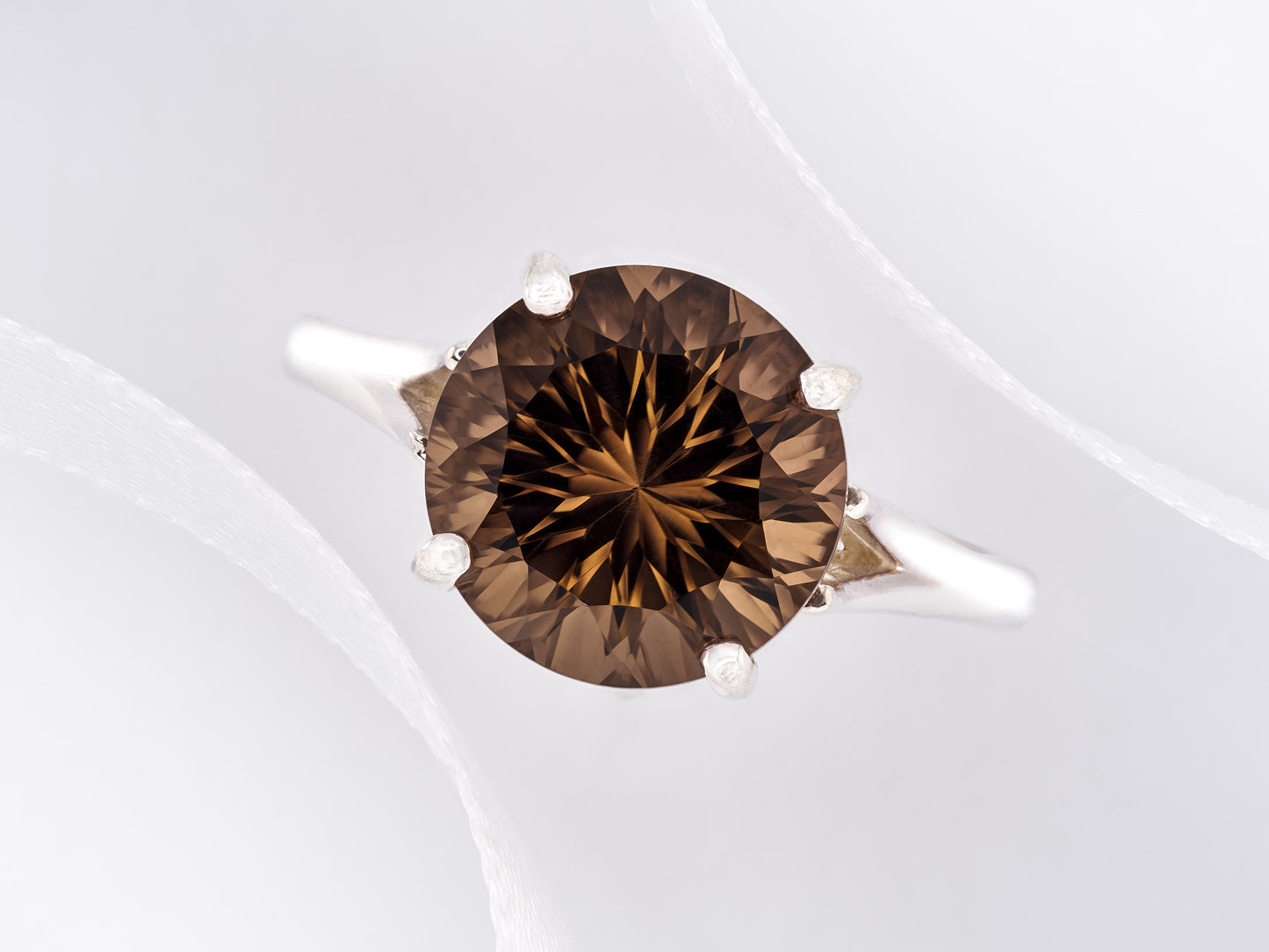 Concave cut Smoky Quartz gemstone solitaire premium silver ring from Brazil. Rich Brown Sparkling, 10mm round cut to perfection.