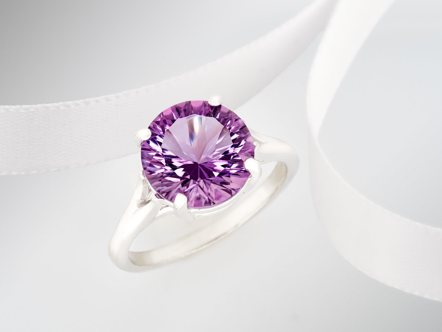 Perfect concave cut Brazilian Amethyst! Grade AAA, natural gemstone set in premium silver. 10mm round, IF Clarity, 3.4ctw.