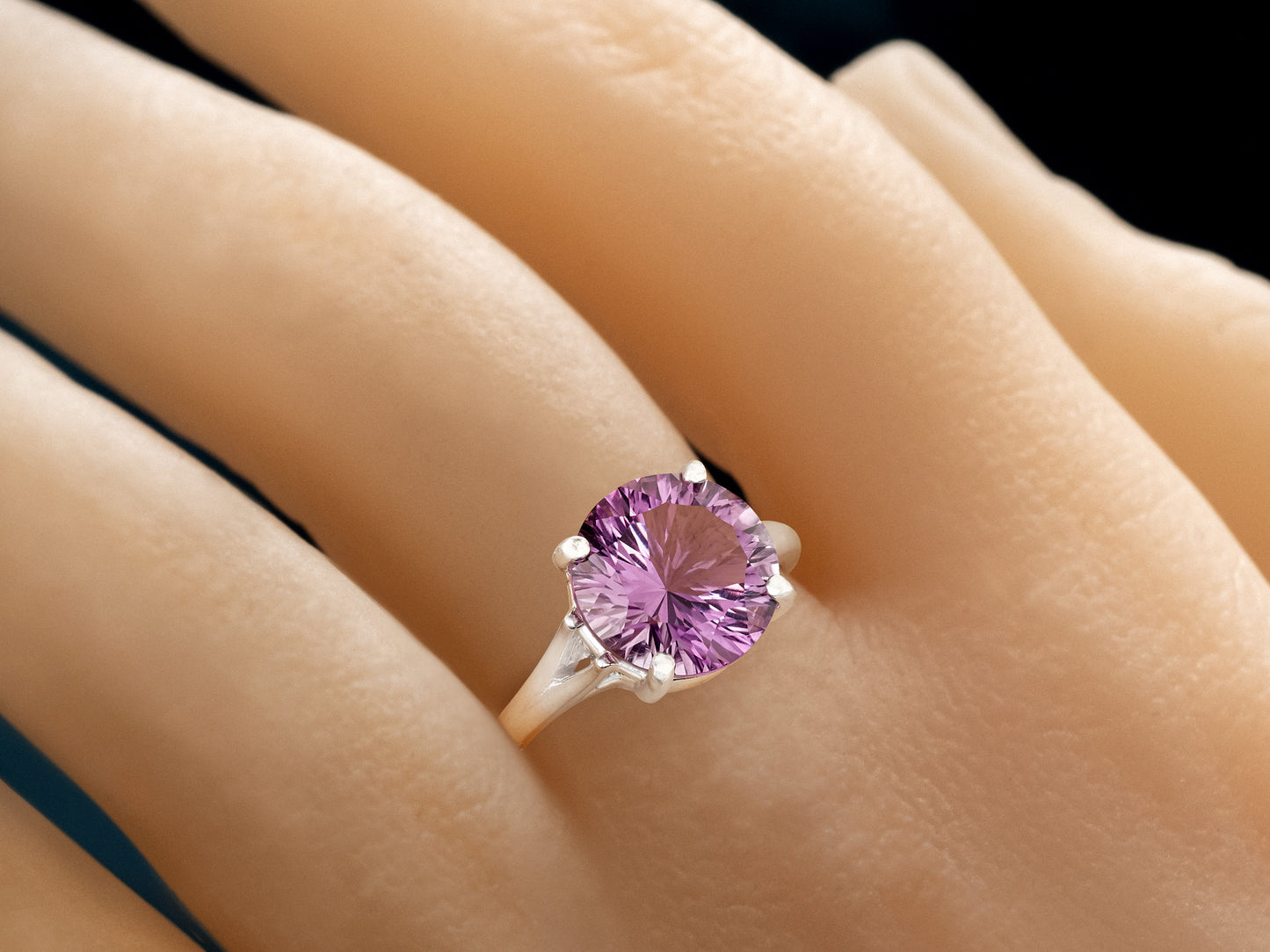 Perfect concave cut Brazilian Amethyst! Grade AAA, natural gemstone set in premium silver. 10mm round, IF Clarity, 3.4ctw.