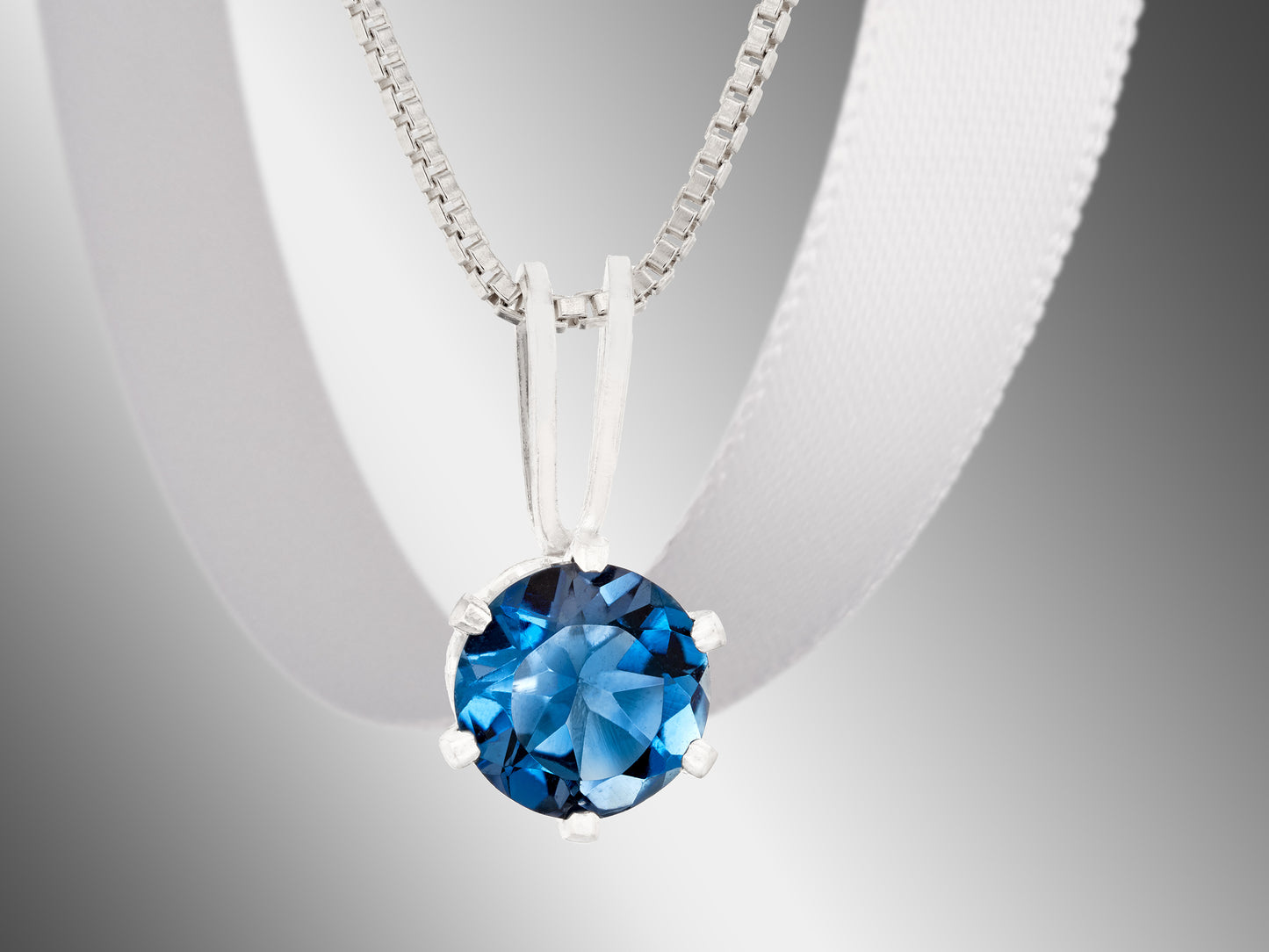 Intense London Blue Topaz Necklace. Round, 5mm, Natural Brazilian Gemstone in a 6-Prong, Sterling Silver Pendant.