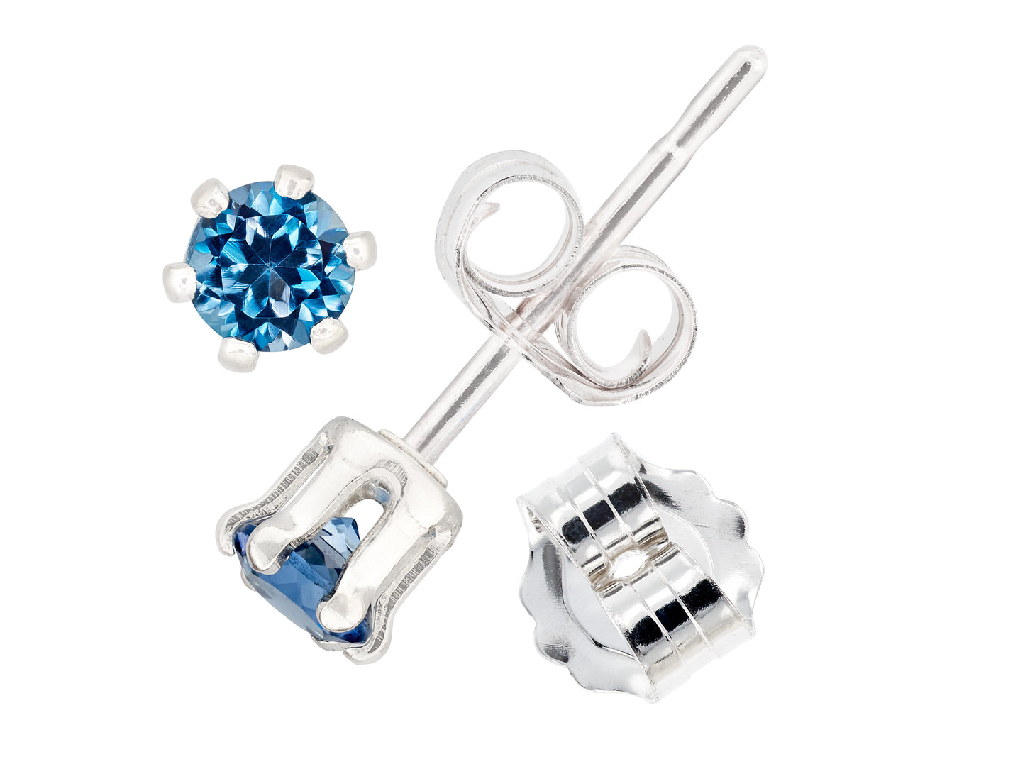 London Blue Topaz Earrings - 3mm Round Brilliant Cut.  Beautiful Dark Blue.  Sterling Silver, 6-Prong Studs.