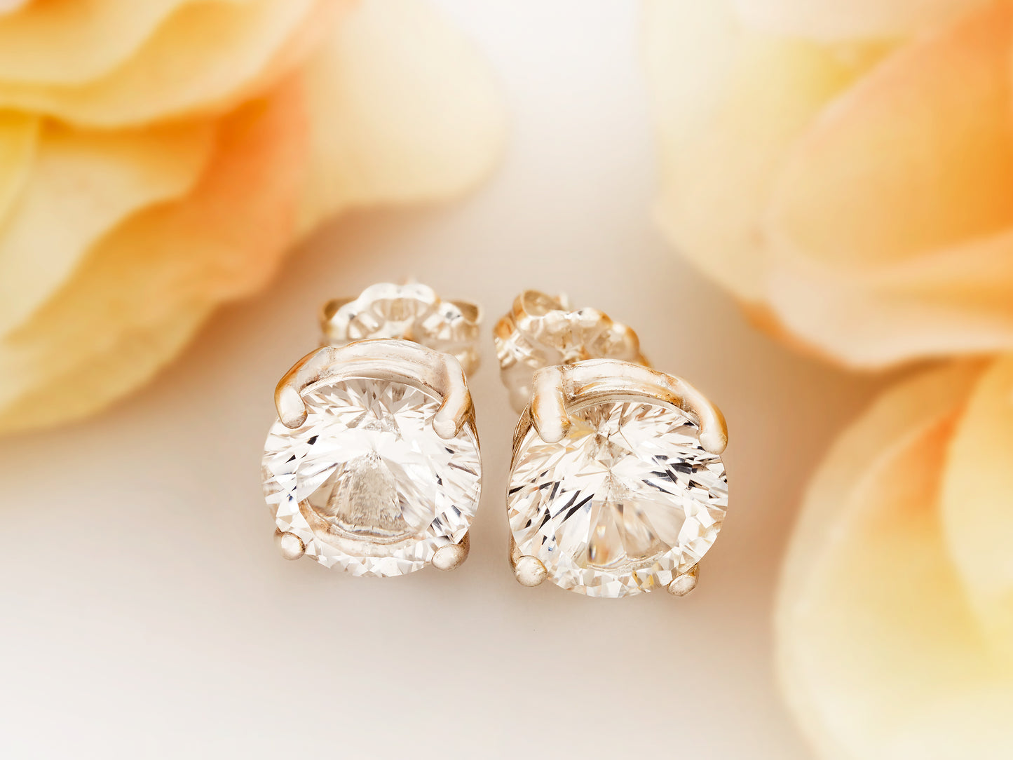 Sparkling, natural concave cut white topaz earrings Brazil. Large, 8mm round faceted genuine topaz gemstones.