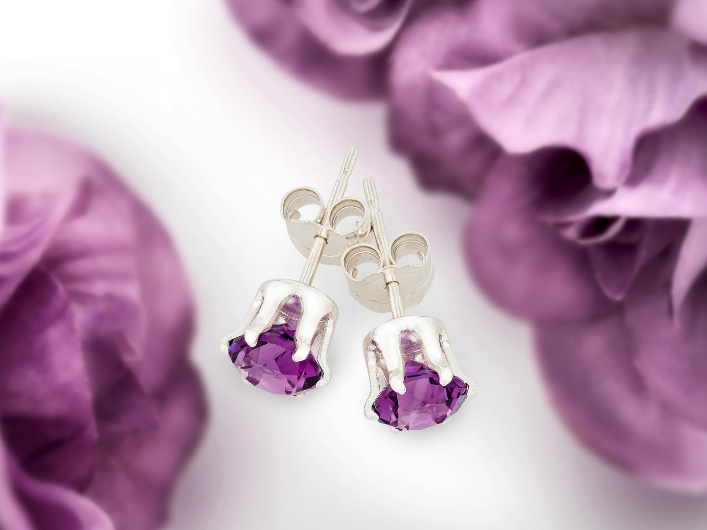 Sparkling Brazilian Purple! Natural Amethyst Earrings! Sterling Silver, 6-Prong Studs. 5mm round facet.