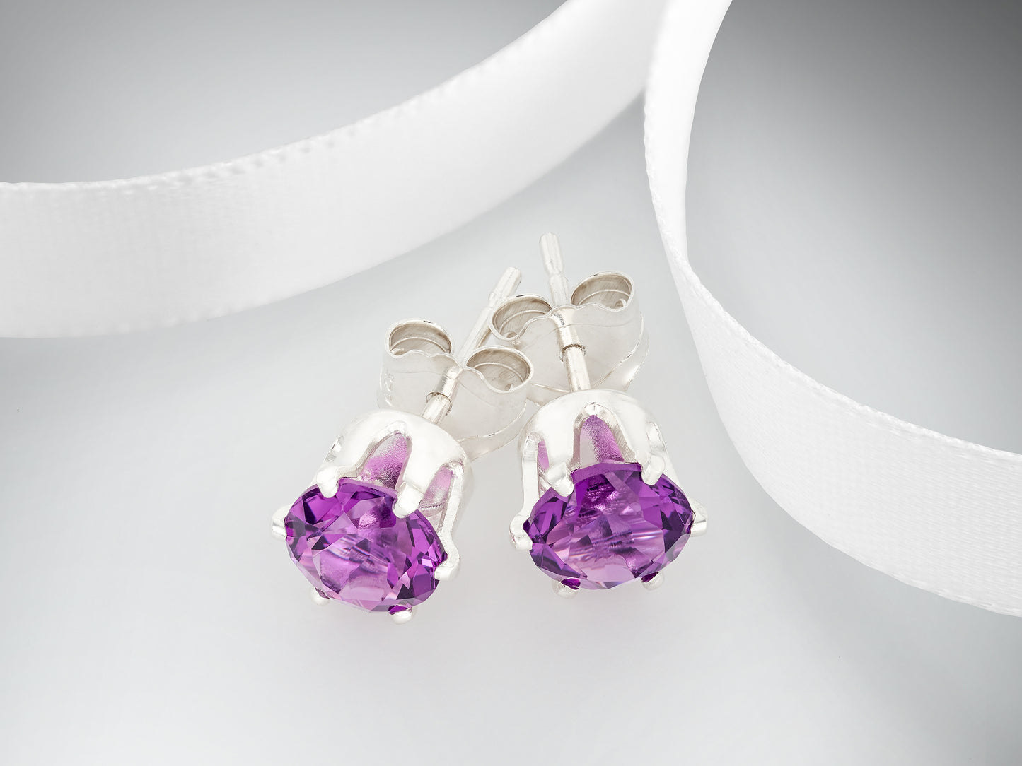 Sparkling Brazilian Purple! Natural Amethyst Earrings! Sterling Silver, 6-Prong Studs. 5mm round facet.