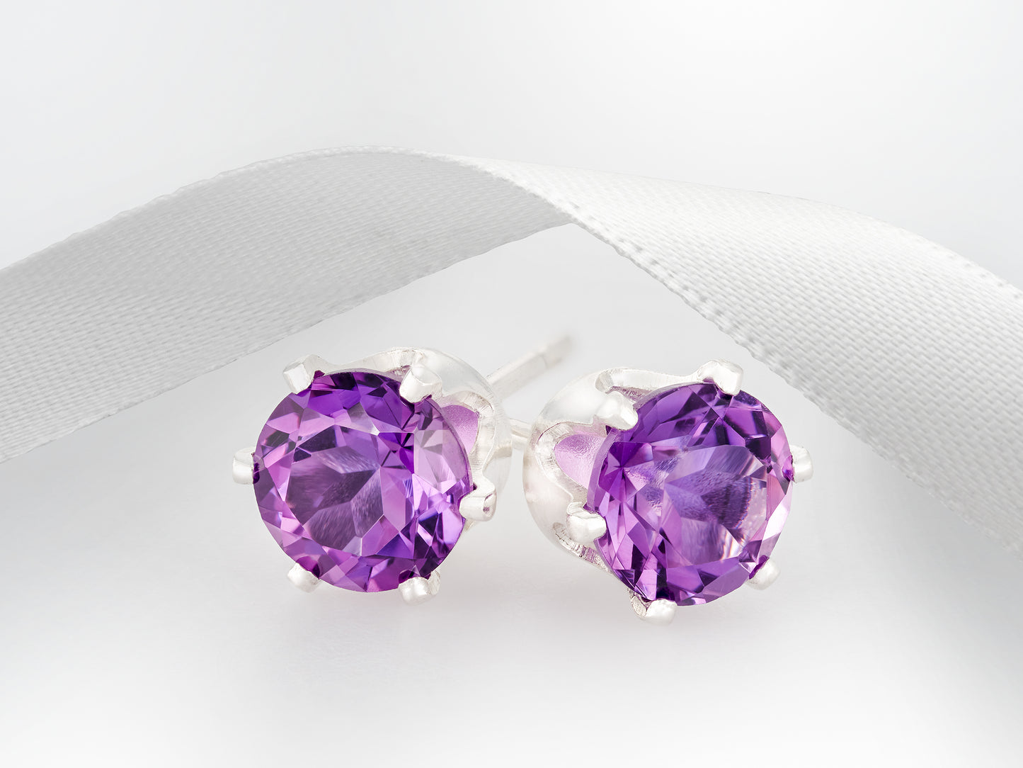 Sparkling Brazilian Purple! Natural Amethyst Earrings! Sterling Silver, 6-Prong Studs. 5mm round facet.