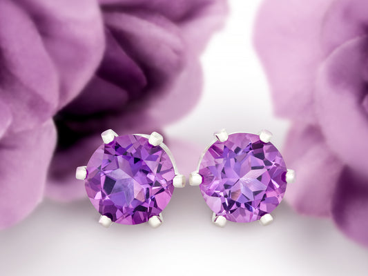 Sparkling Brazilian Purple! Natural Amethyst Earrings! Sterling Silver, 6-Prong Studs. 5mm round facet.