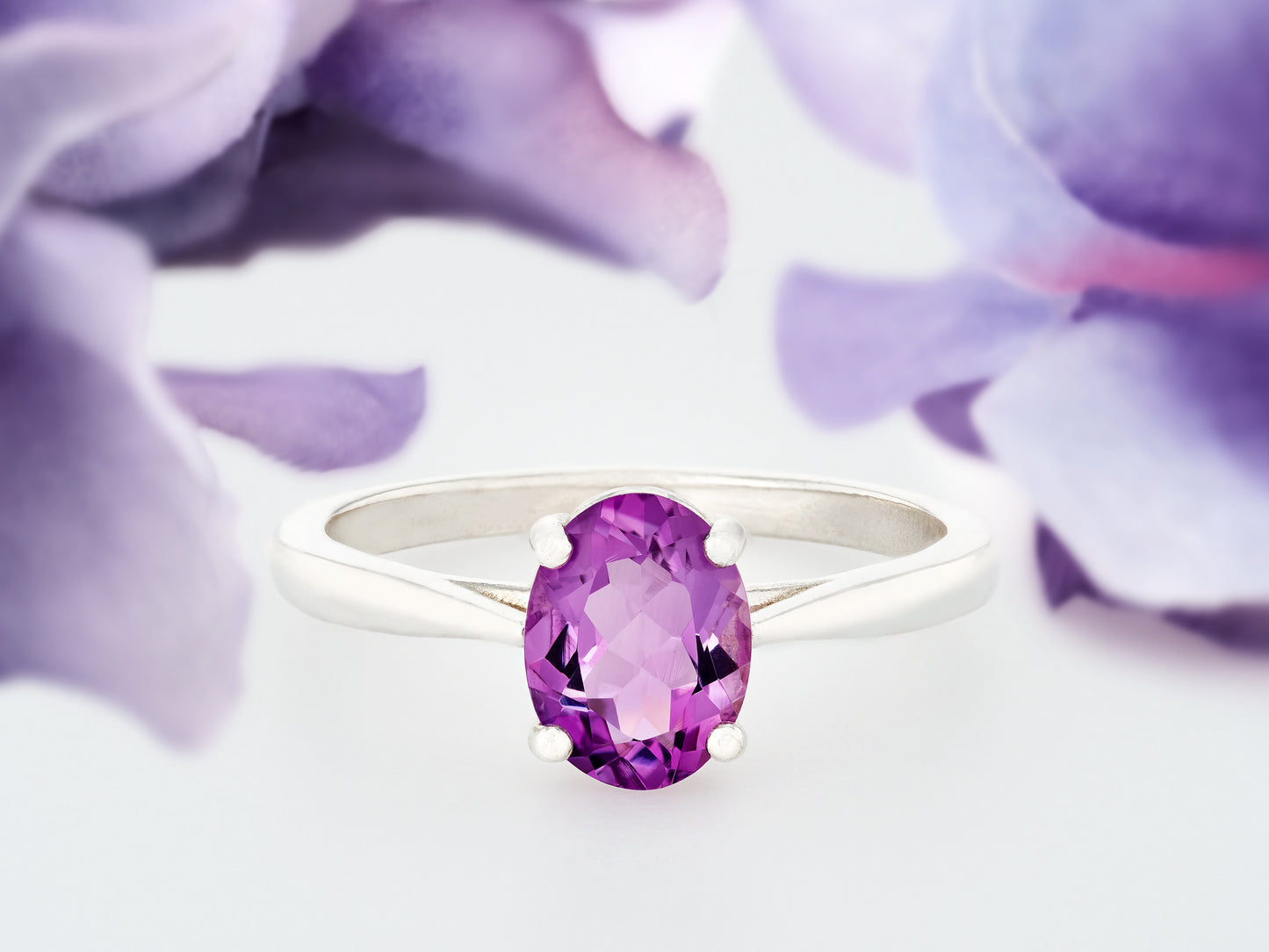 Simply Stunning! 8x6mm Oval, Natural Brazilian Amethyst Solitaire. February Birthstone Ring. Sparkling Purple! Classic 4-Prong Design.