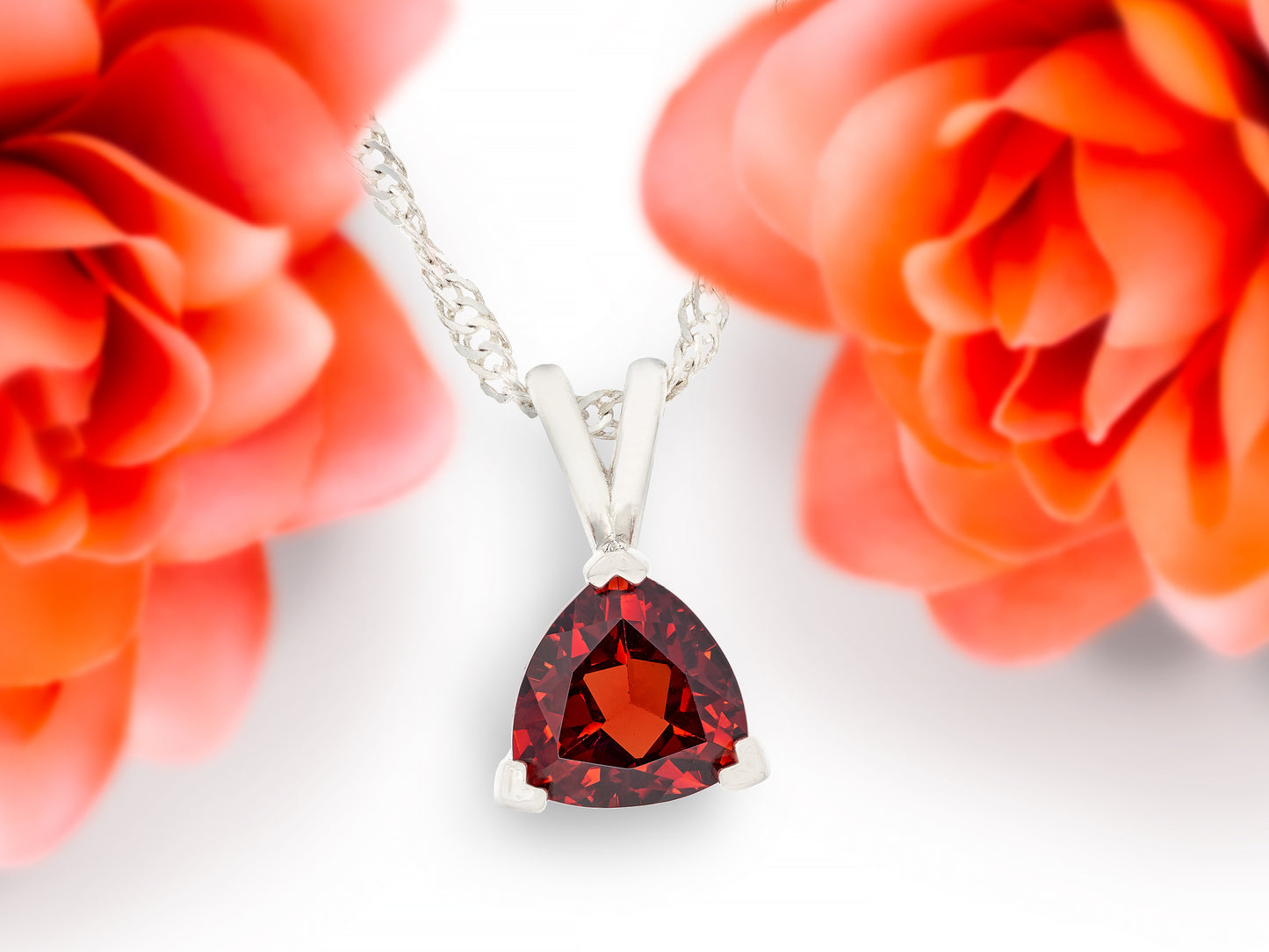 Beautiful Bold Red 8mm Trillion Pendant Necklace. Natural Mozambique Garnet, Triangle shape, VVS clarity. Premium Silver. Chain Options.