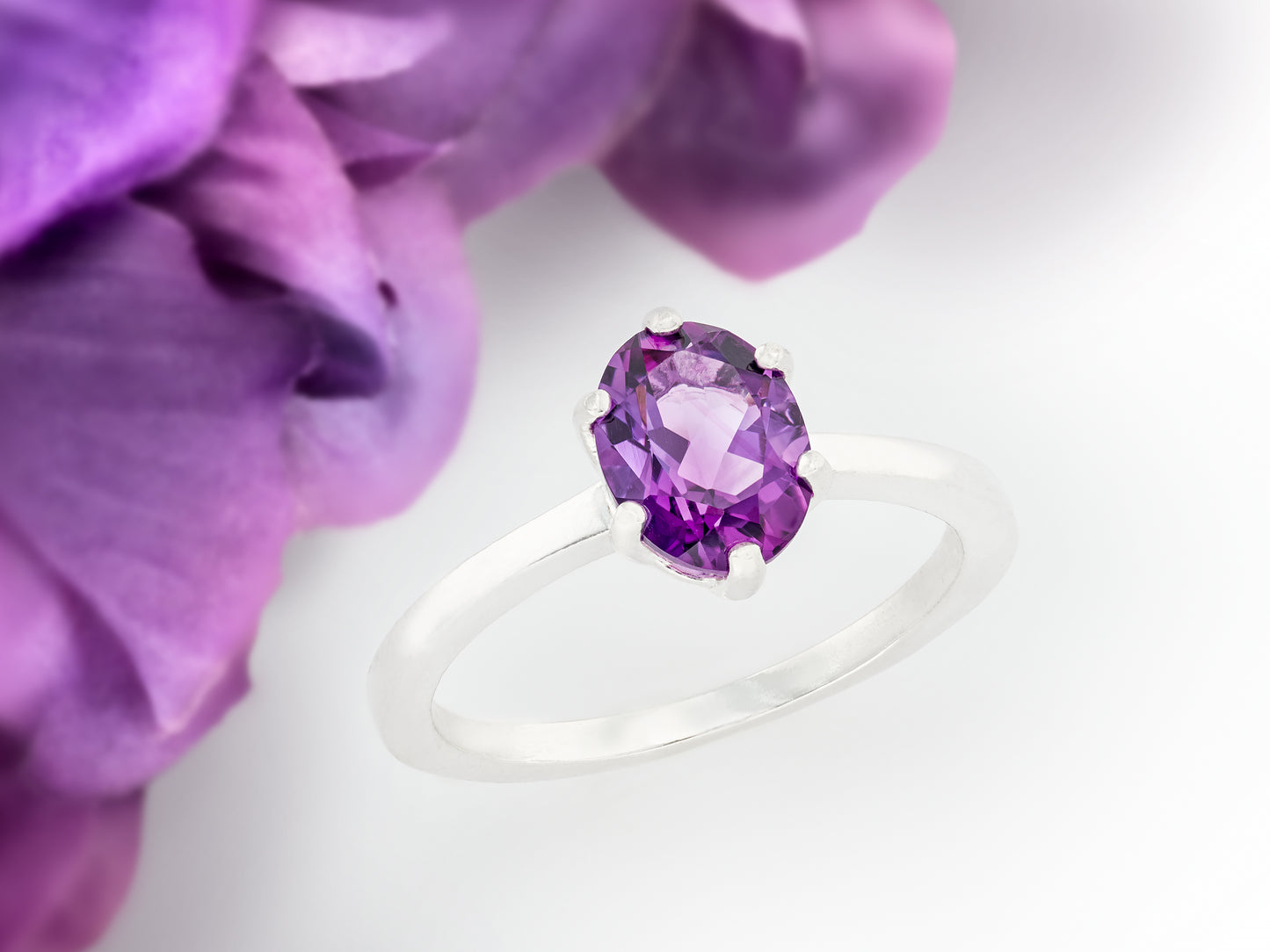 Elegant 8x6mm Oval, Natural African Amethyst Solitaire. February Birthstone Ring. Sparkling, Rich Purple! Classic Design.