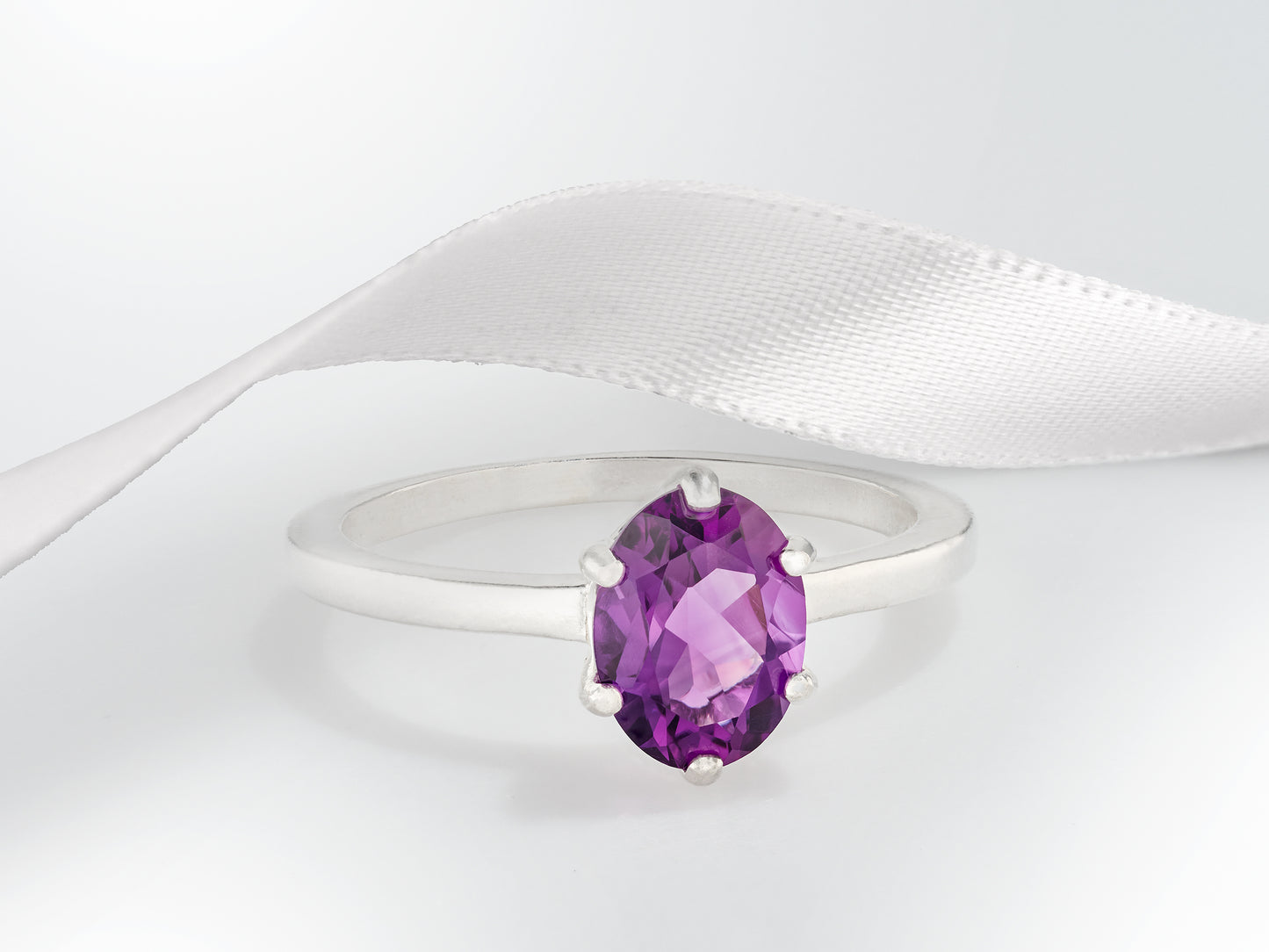 Elegant 8x6mm Oval, Natural African Amethyst Solitaire. February Birthstone Ring. Sparkling, Rich Purple! Classic Design.