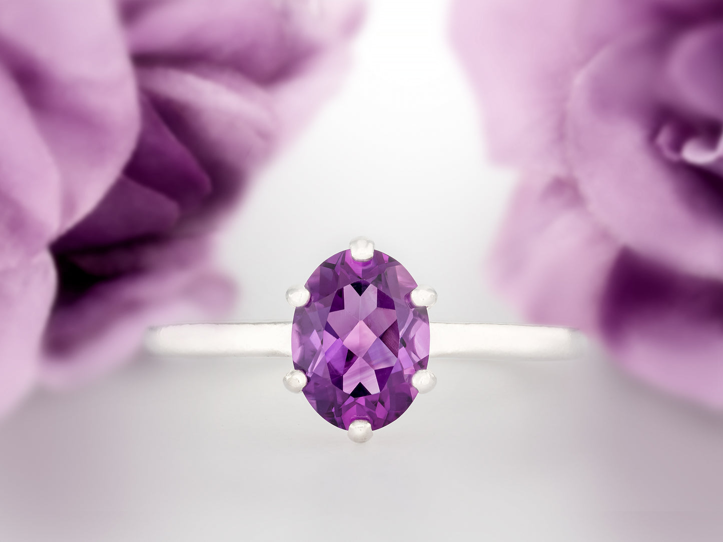 Elegant 8x6mm Oval, Natural African Amethyst Solitaire. February Birthstone Ring. Sparkling, Rich Purple! Classic Design.