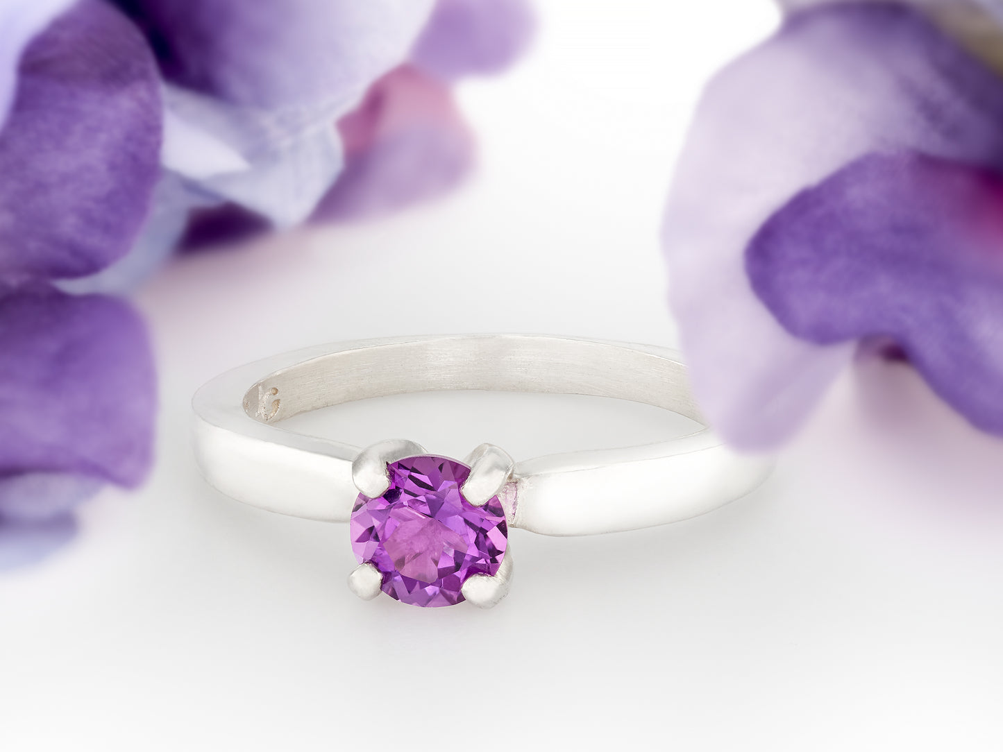 Genuine Grade AAA 5mm Round Faceted African Amethyst Solitaire Sterling Silver Ring. Gorgeous Color!  February Birthstone.