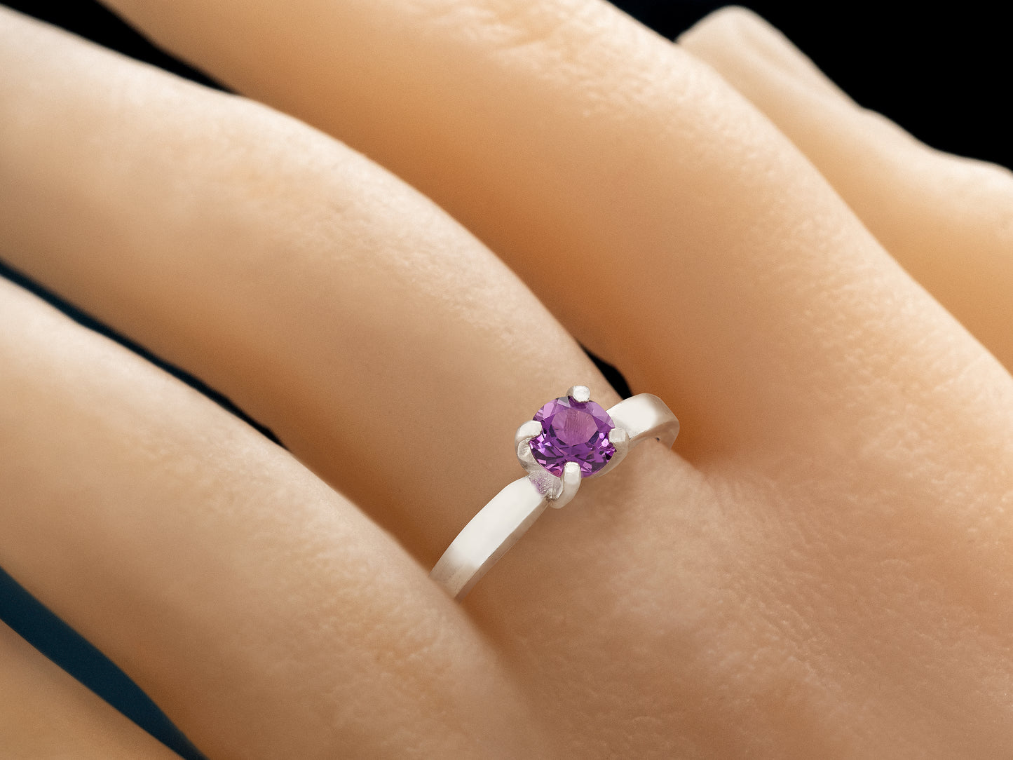 Genuine Grade AAA 5mm Round Faceted African Amethyst Solitaire Sterling Silver Ring. Gorgeous Color!  February Birthstone.