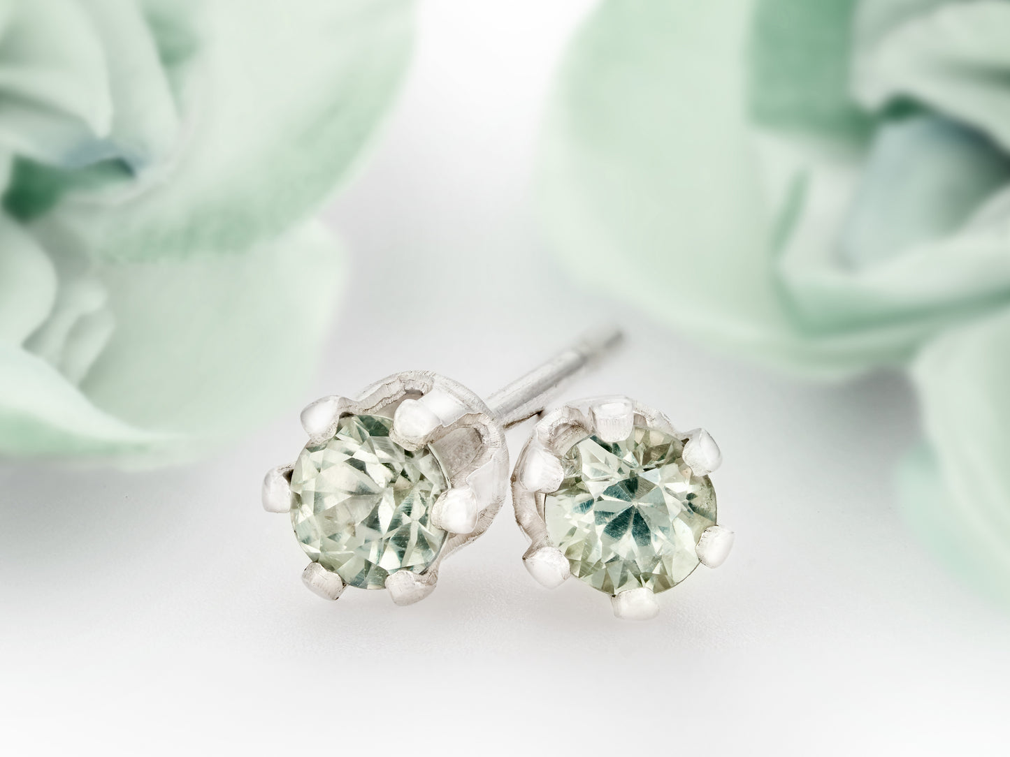 Authentic Green Sapphire Earrings, 3mm Diamond Cut. Sterling Silver, 6-Prong Studs. Natural Gemstones.