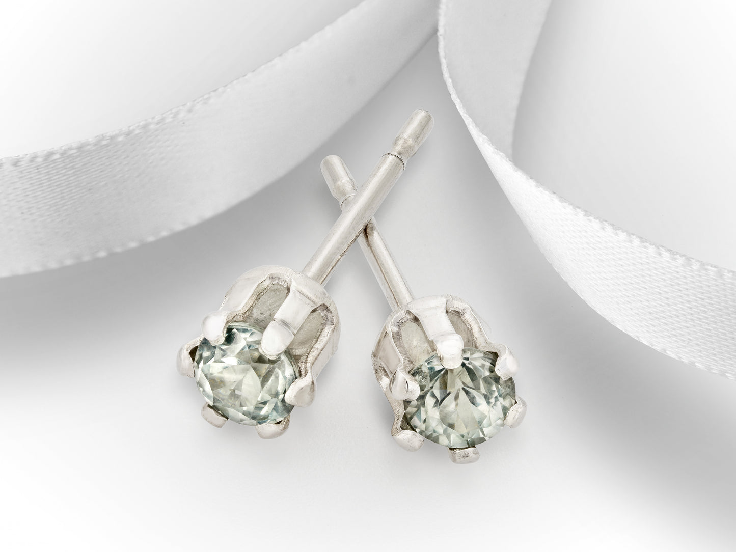 Authentic Green Sapphire Earrings, 3mm Diamond Cut. Sterling Silver, 6-Prong Studs. Natural Gemstones.