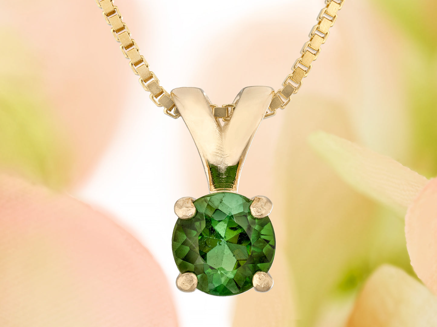 Forest Green Tourmaline in 14kt Yellow Gold pendant.  Gorgeous Natural Tourmaline Necklace. 5mm round, faceted, Brazilian.