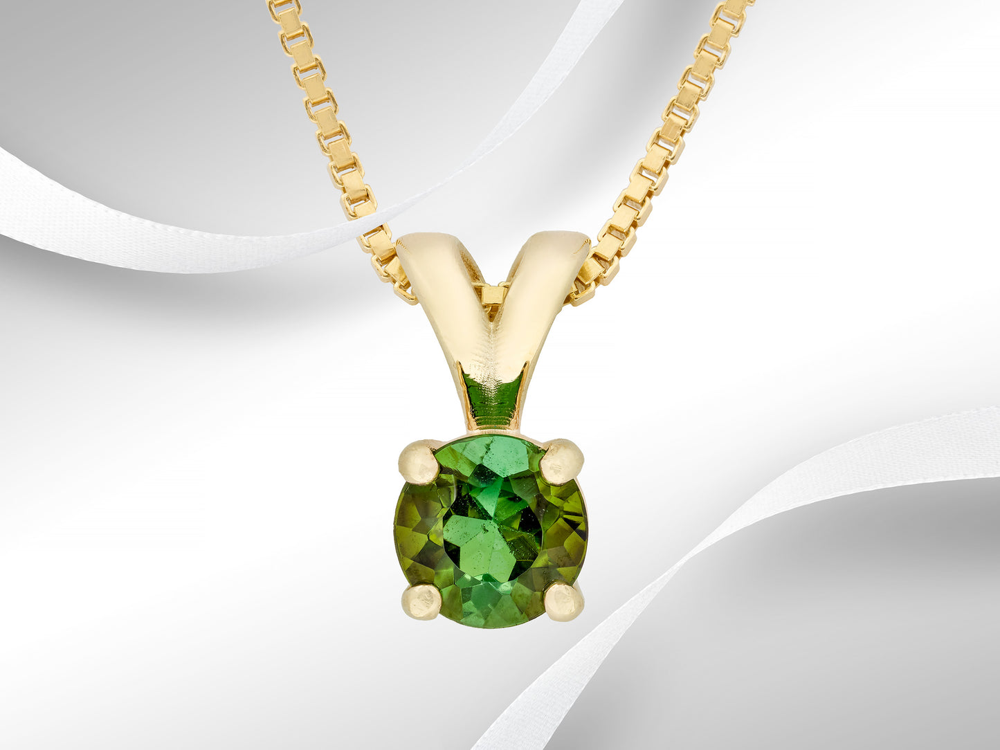 Forest Green Tourmaline in 14kt Yellow Gold pendant.  Gorgeous Natural Tourmaline Necklace. 5mm round, faceted, Brazilian.