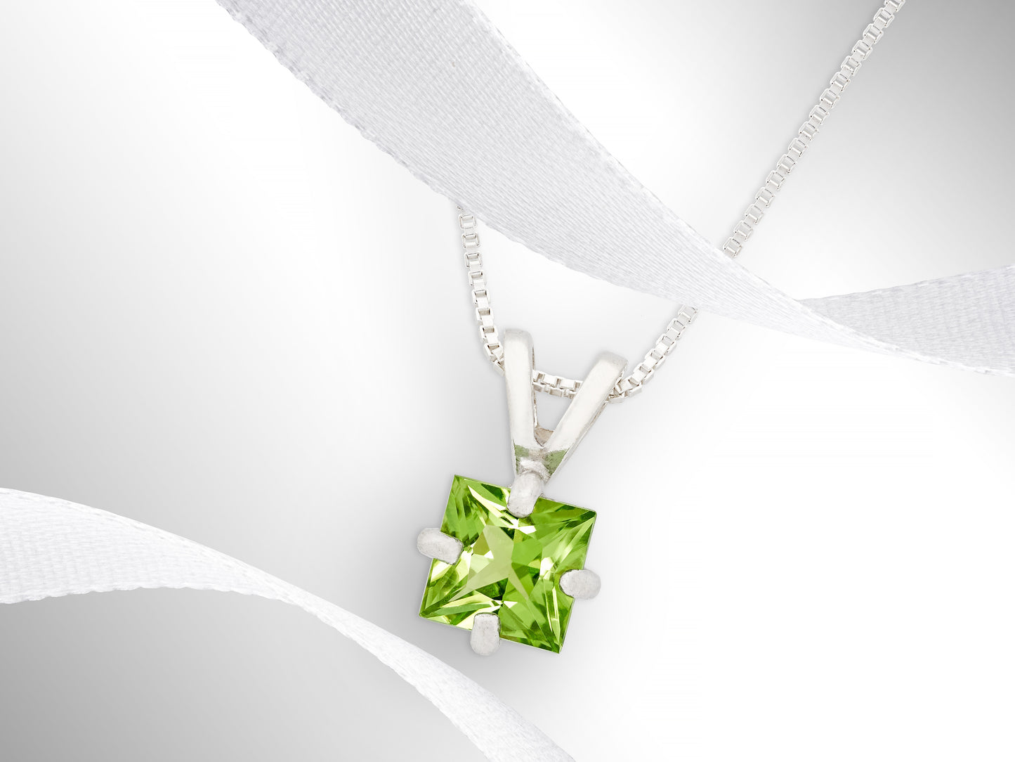 Vivid Green Natural Peridot! 6mm Square Princess Cut Pendant Necklace. Sterling silver pendant and chain.