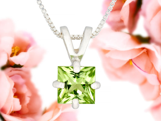 Vivid Green Natural Peridot! 6mm Square Princess Cut Pendant Necklace. Sterling silver pendant and chain.