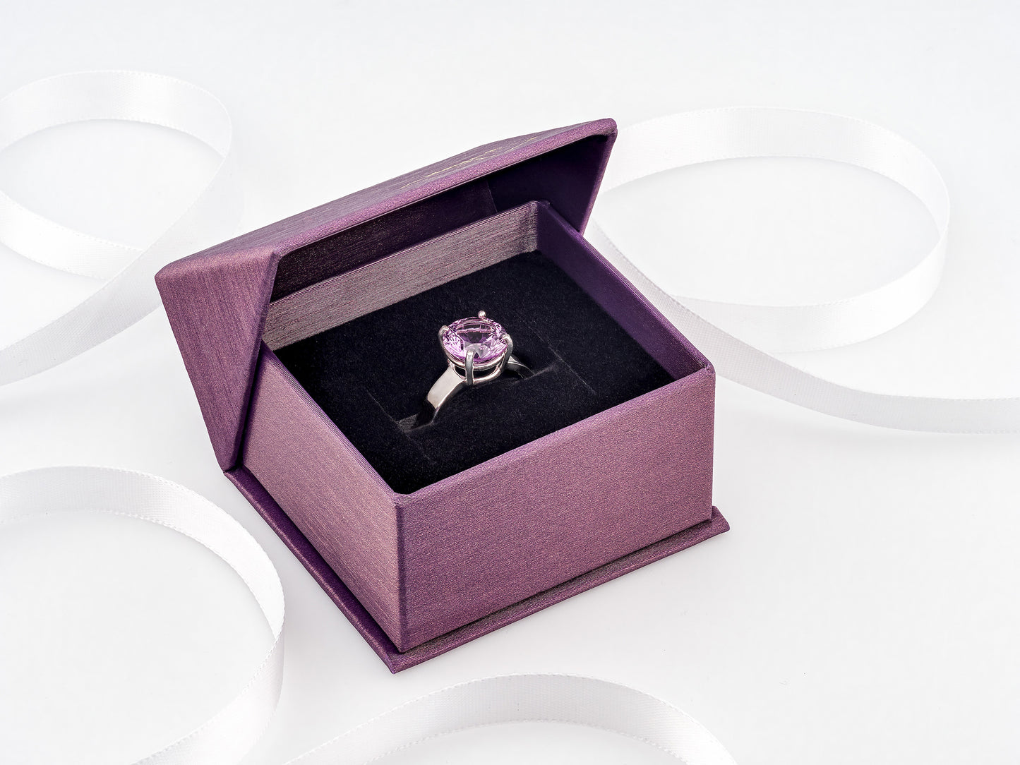 Special Edition Brazilian Amethyst ring.  Grade AAA, natural concave cut round gemstone set in premium silver. IF Clarity, 3.4ctw.