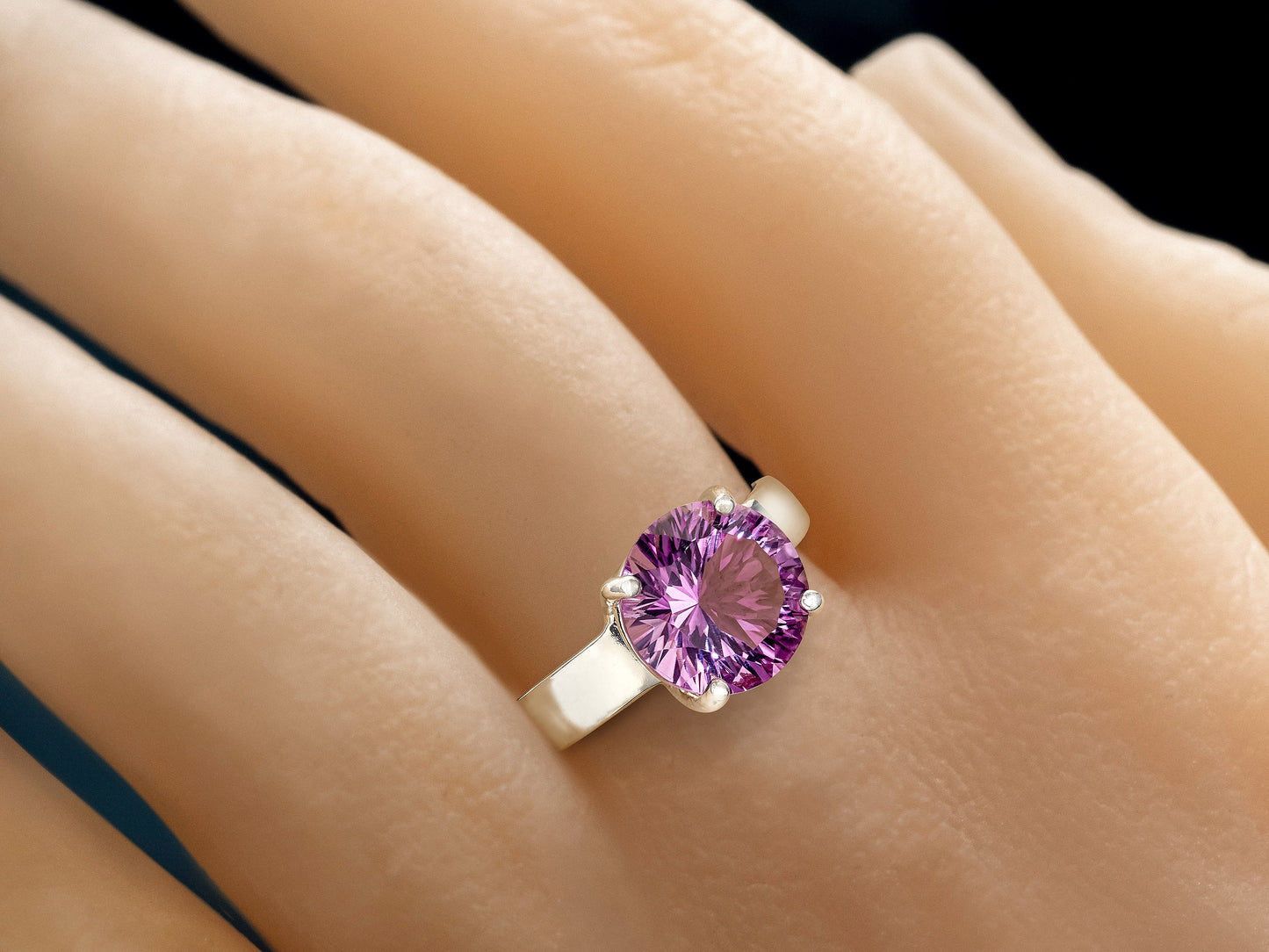 Special Edition Brazilian Amethyst ring.  Grade AAA, natural concave cut round gemstone set in premium silver. IF Clarity, 3.4ctw.