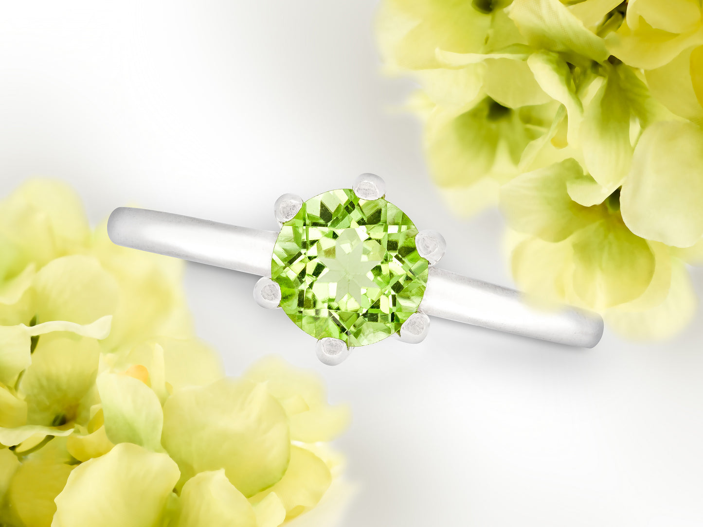 Elegant Peridot Solitaire Silver Ring.  6mm Round, Faceted, Natural Peridot. August Birthstone. Classic 6 prong ring style.