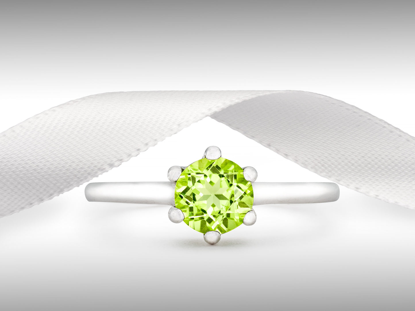 Elegant Peridot Solitaire Silver Ring.  6mm Round, Faceted, Natural Peridot. August Birthstone. Classic 6 prong ring style.