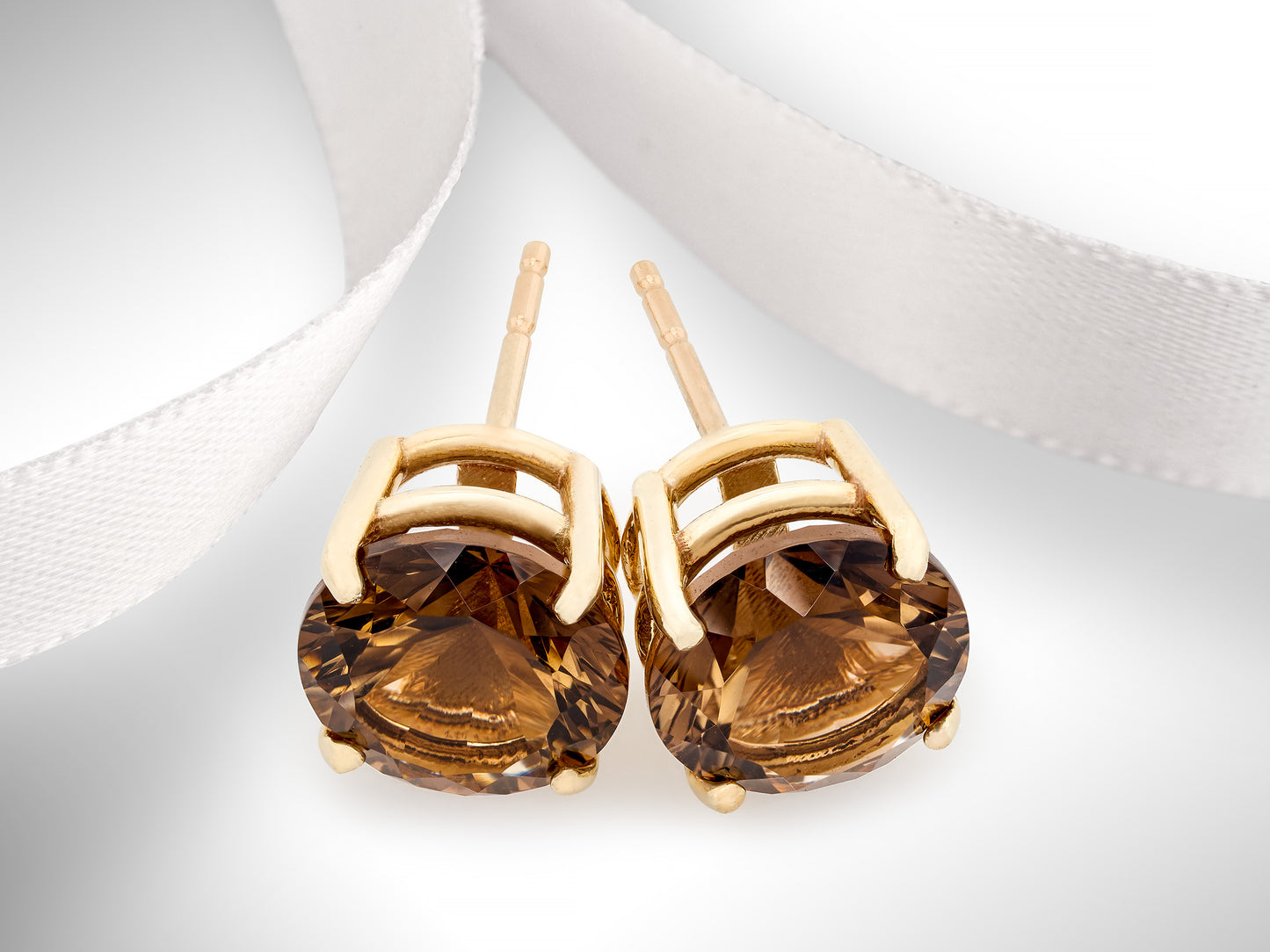 Gorgeous Earrings! Brazilian, 8mm Round, Concave Cut Smoky Quartz. 10kt or 14kt yellow gold. Natural, brown gemstones.