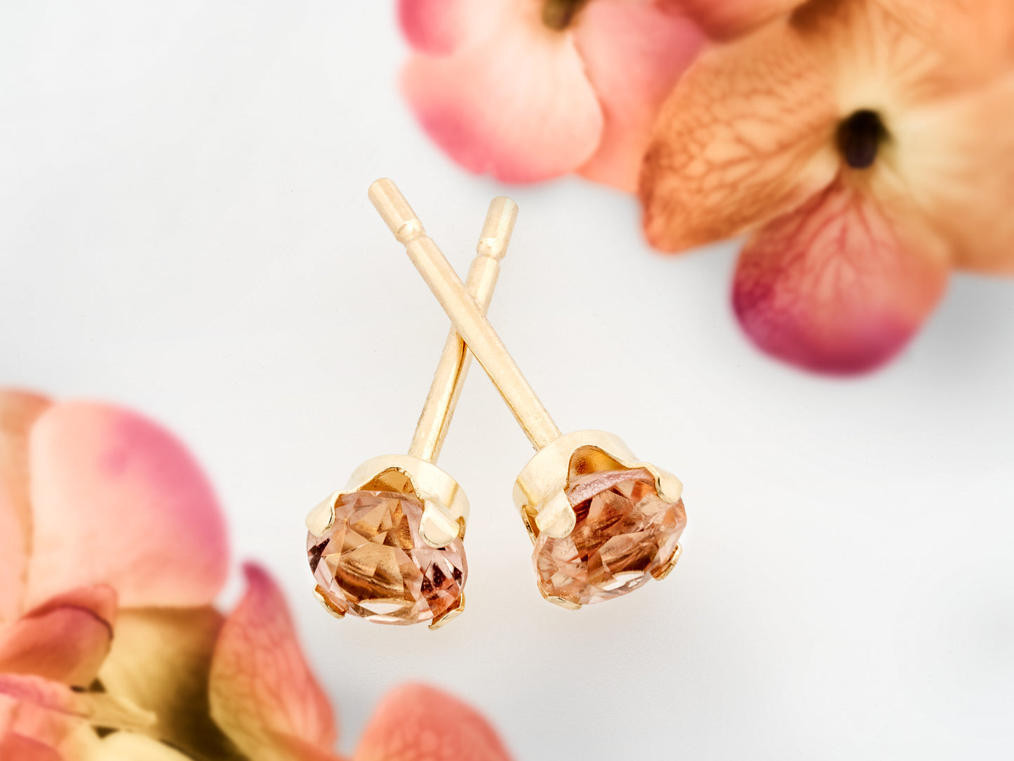 Rare, 3mm Diamond Cut Imperial Topaz Earrings in 14kt Yellow Gold. Yellow Orange. Ouro Preto, Brazil. 4-Prong Studs.