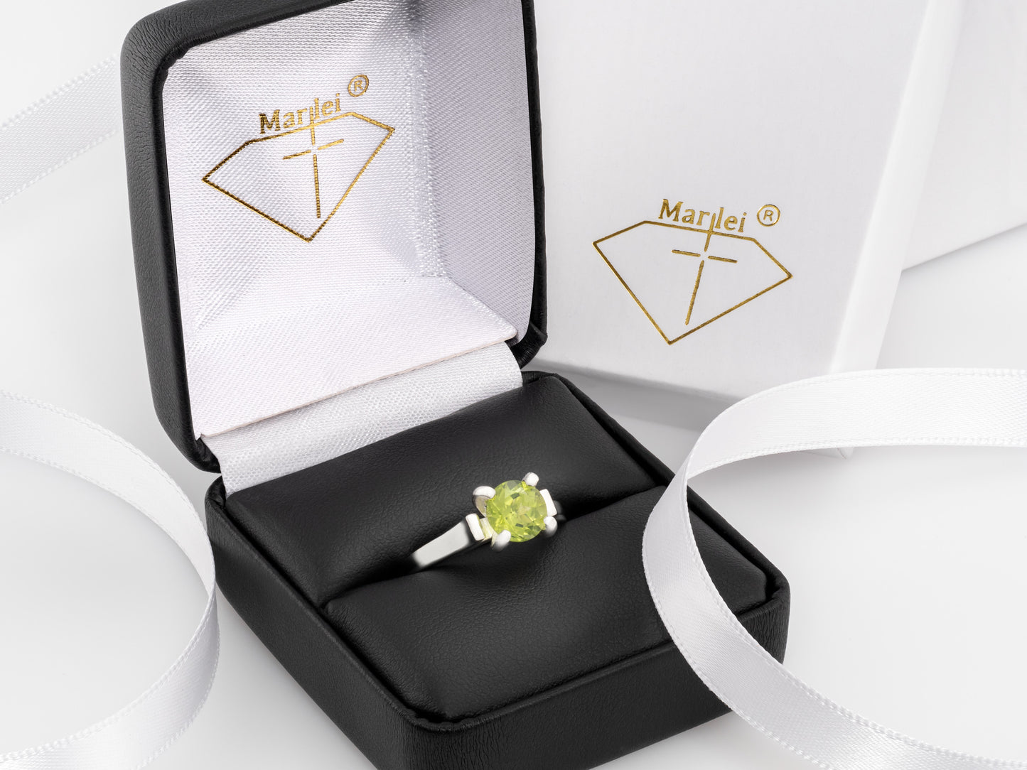 Striking Cathedral Ring featuring a brilliant 7mm round Peridot.  Sparkling August gemstone solitaire ring.