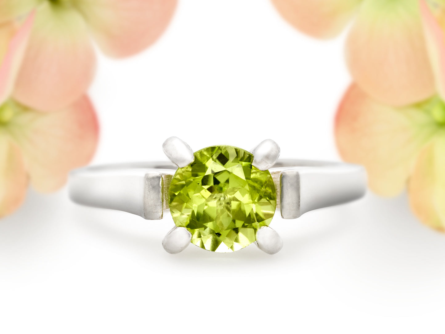 Striking Cathedral Ring featuring a brilliant 7mm round Peridot.  Sparkling August gemstone solitaire ring.