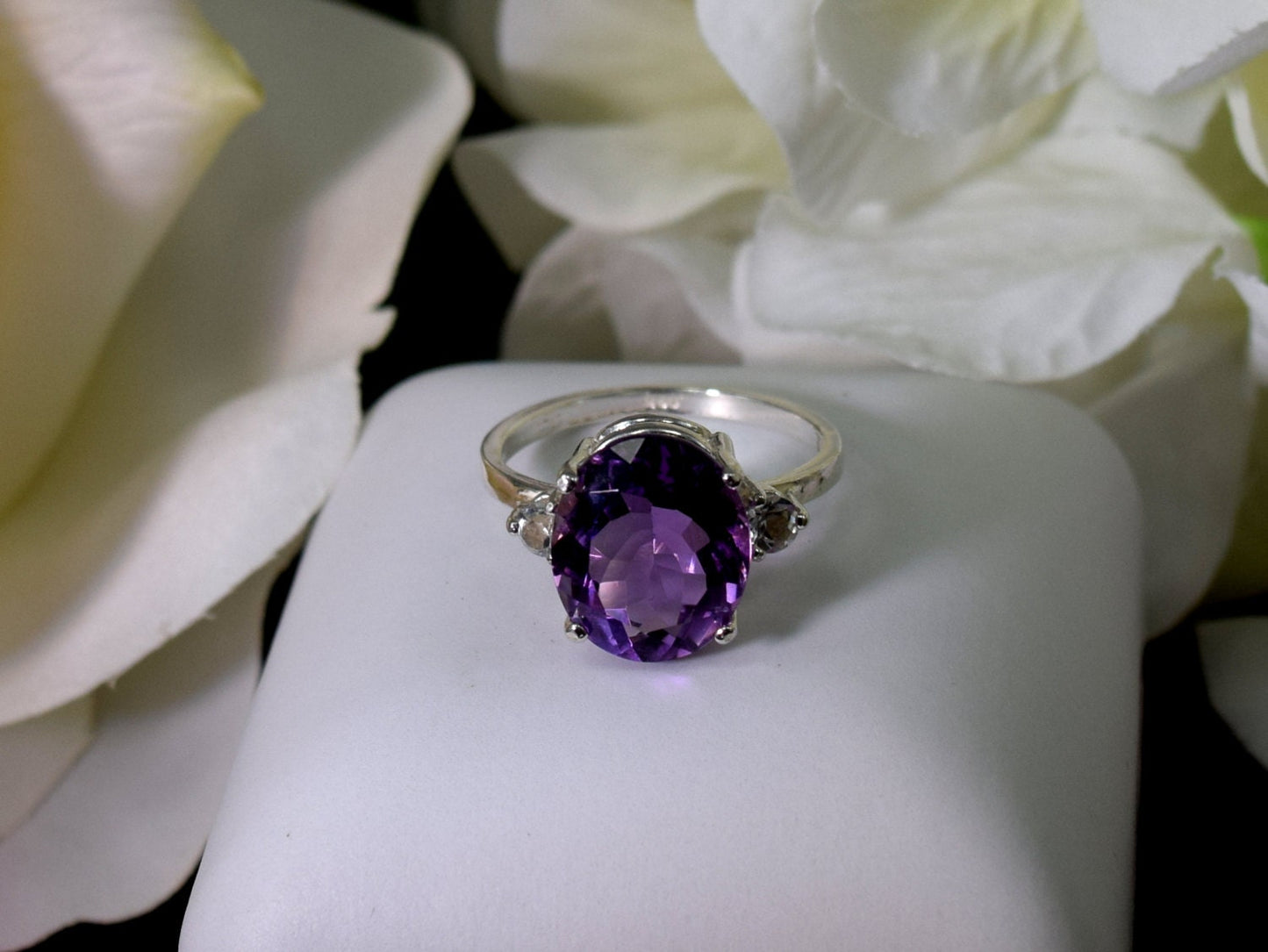 Expertly Cut, Gorgeous Brazilian Amethyst Ring. Beautiful Purple! 12x10mm, Oval Facet Cut, 4.45ctw, VVS.  White Topaz Accents.