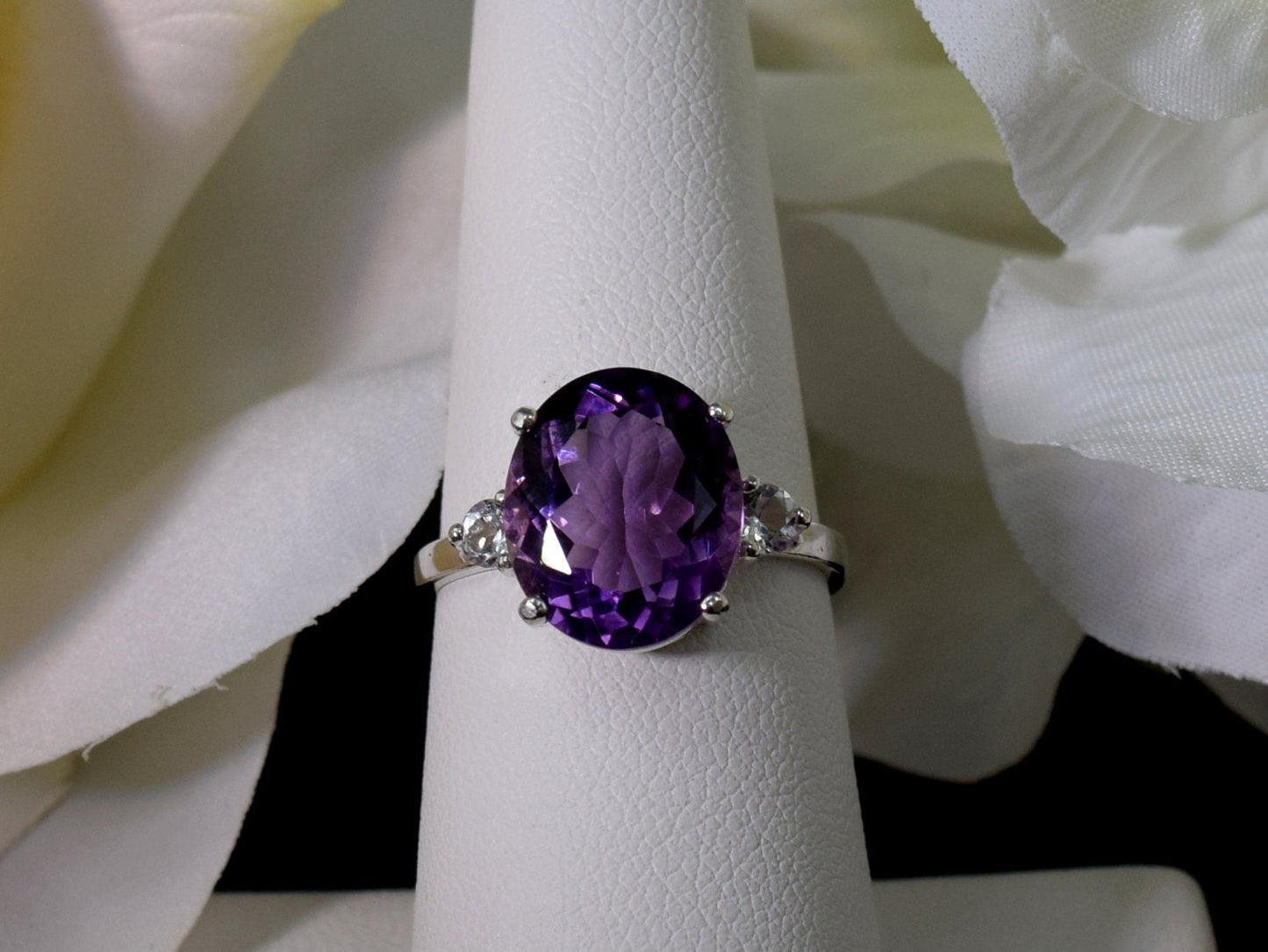 Expertly Cut, Gorgeous Brazilian Amethyst Ring. Beautiful Purple! 12x10mm, Oval Facet Cut, 4.45ctw, VVS.  White Topaz Accents.