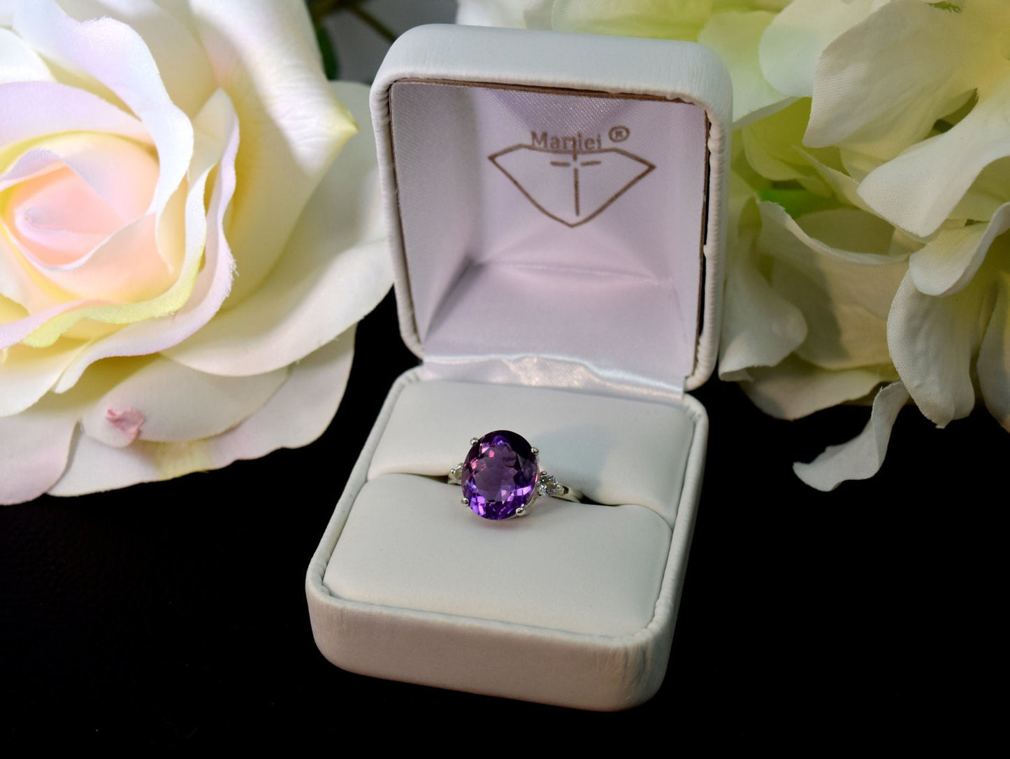 Expertly Cut, Gorgeous Brazilian Amethyst Ring. Beautiful Purple! 12x10mm, Oval Facet Cut, 4.45ctw, VVS.  White Topaz Accents.