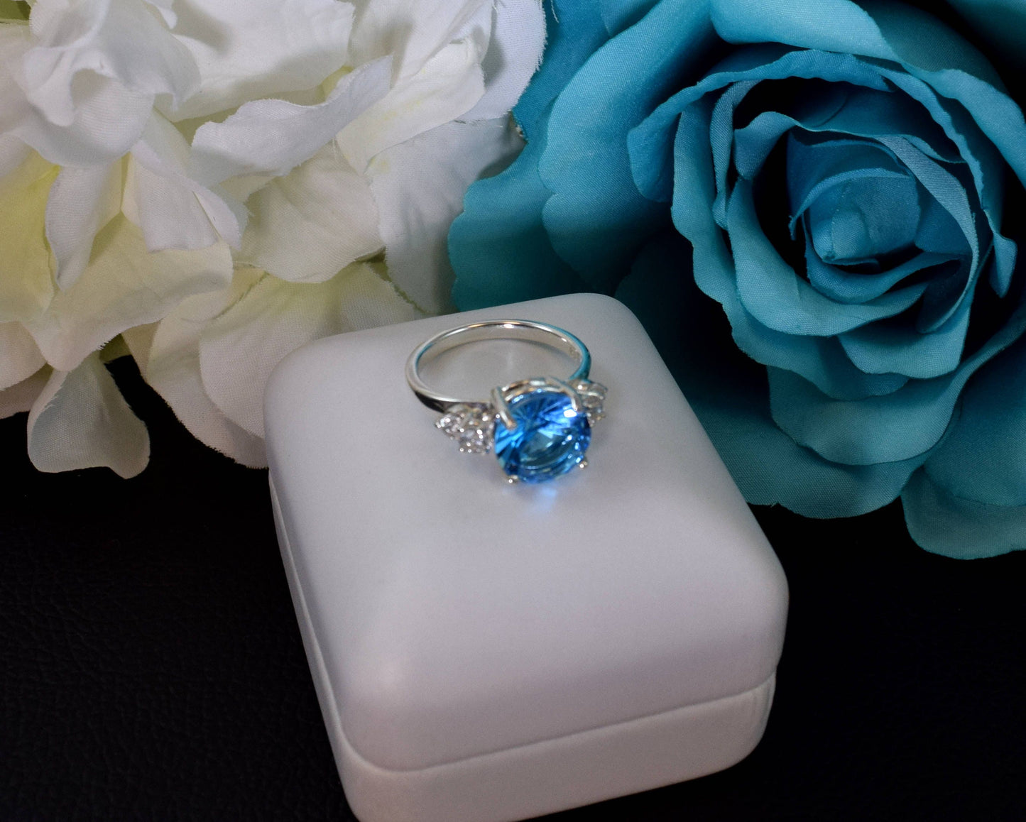 Swiss Blue Topaz Masterpiece! Genuine, Brazilian, Silver, Topaz Ring. 10mm, 4+ctw, Rare Concave Cut.  4 White Topaz Accents.