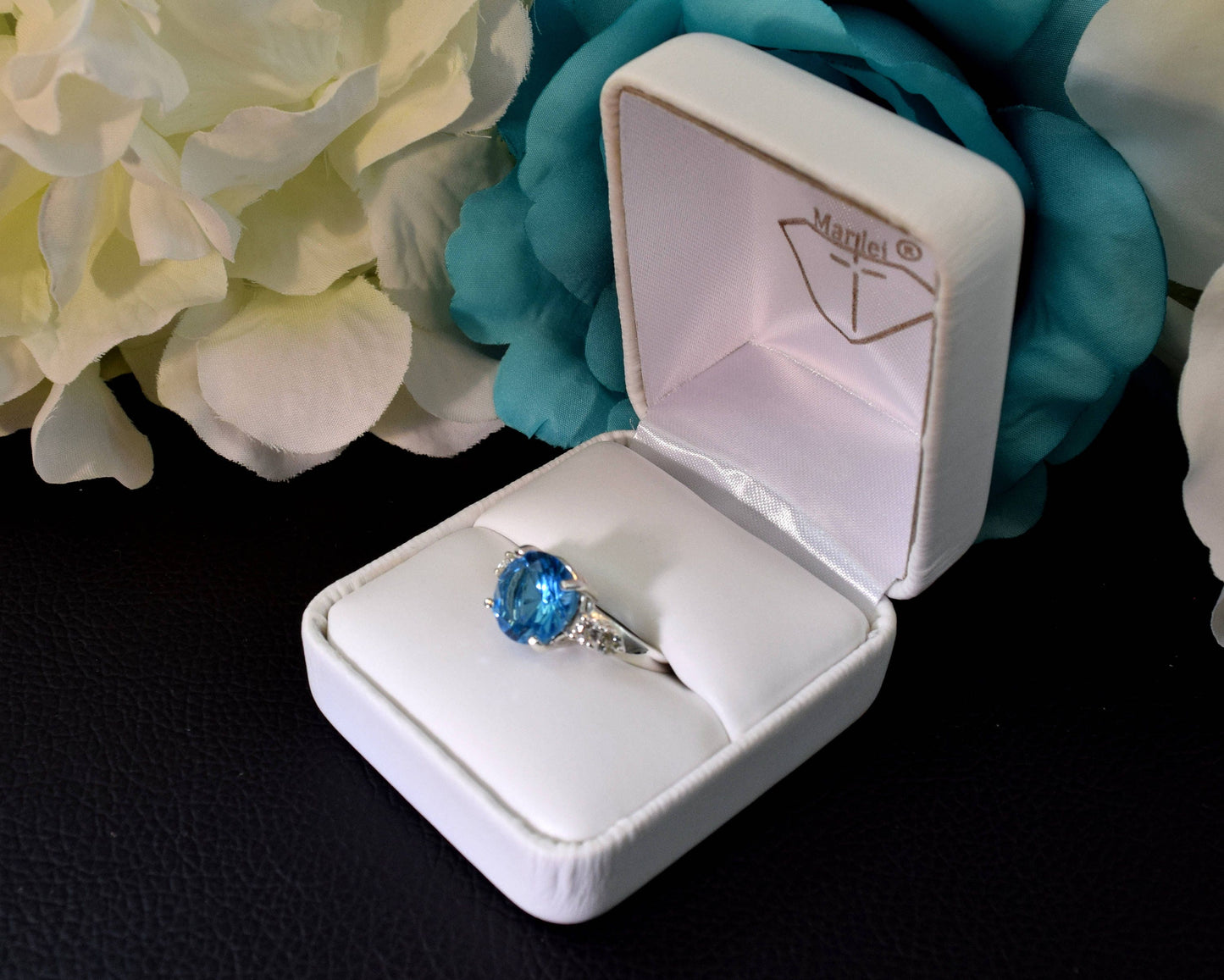 Swiss Blue Topaz Masterpiece! Genuine, Brazilian, Silver, Topaz Ring. 10mm, 4+ctw, Rare Concave Cut.  4 White Topaz Accents.