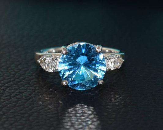 Swiss Blue Topaz Masterpiece! Genuine, Brazilian, Silver, Topaz Ring. 10mm, 4+ctw, Rare Concave Cut.  4 White Topaz Accents.